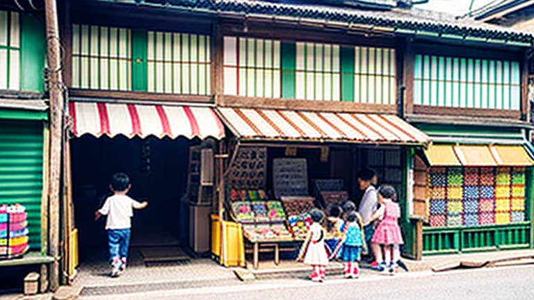 Children shopping at a candy store、Old Japanese tiled house、Scene of children playing、A crowd of children playing in front of a candy store、Children&#39;s smiling faces、Children&#39;s smiling faces、Children&#39;s smiling faces、Grandma poster girl of a candy store、Candy Shop Mask、Showa era masks、Hyotko mask、Japan candy shop、Japan candy shop、Sweets and snacks in the store、There are lots of things to play with and play equipment