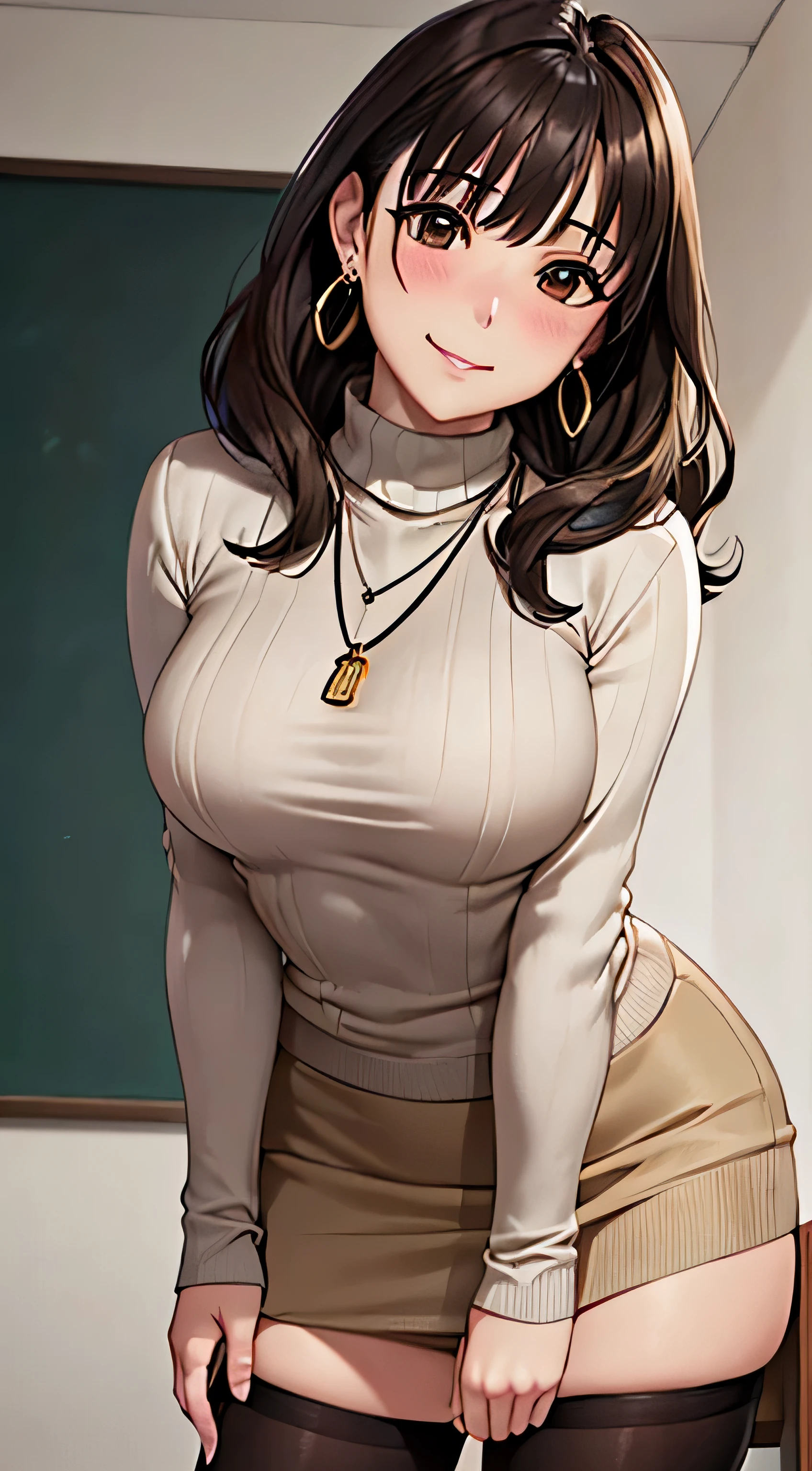 (Tabletop, highest quality, High resolution, , Perfect Pixel, 4K,), 1 girl, single, alone, Beautiful woman、I could see the whole body、 ((Wavy mid-length hair, bangs, Brown Hair)), ((Brown eyes, Beautiful eyelashes, Realistic eyes)), ((Detailed face, blush:1.2)), ((Smooth texture:0.75, Realistic texture:0.65, Realistic:1.1, Anime CG Style)), Medium chest, Dynamic Angle, Perfect body, ((, female teacher, , Earrings、necklace、Beige Turtleneck Sweater、black long flared skirt、Black knee-high stockings、、A shy smile、Put your hands behind your back、Leaning forward、look back)), Superior、、、evening、、(、、、Angle from below)、