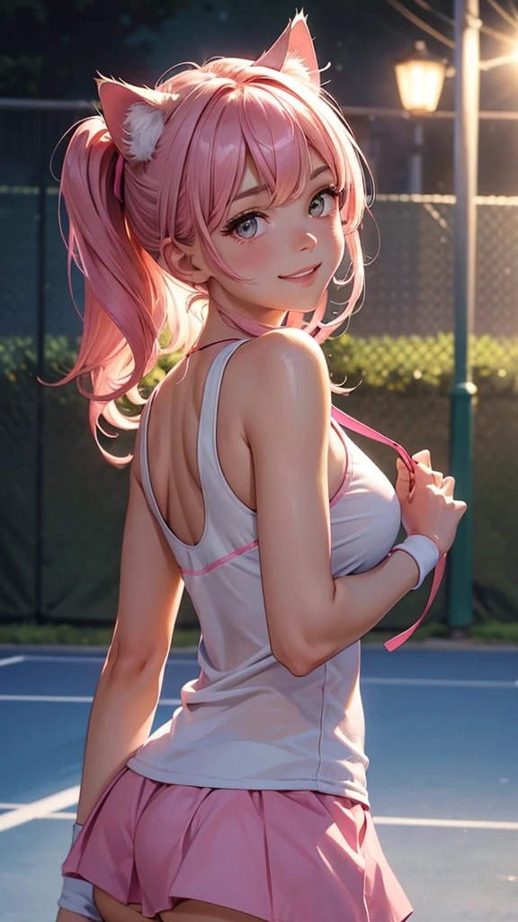 (high resolution, upper body, soft skin:1.2),(best illustration,masterpiece:1.2),ultra-detailed,[(cat ears ,pink inside:1.2),vivid colors,sharp focus,portrait,studio lighting,bokeh, wearing a tennis uniform, tennis courts background, dusk, full body portrait, back turned, smiling