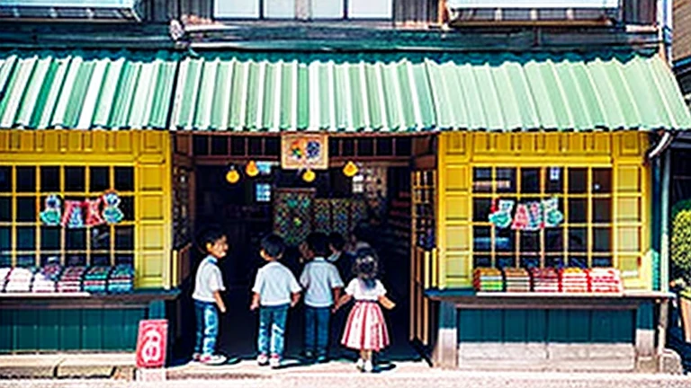 Children shopping at a candy store、Old Japanese tiled house、Scene of children playing、A crowd of children playing in front of a candy store、Children's smiling faces、Children's smiling faces、Children's smiling faces、Grandma poster girl of a candy store、Candy Shop Mask、Showa era masks、Hyotko mask、Japan candy shop、Japan candy shop、Sweets and snacks in the store、There are lots of things to play with and play equipment