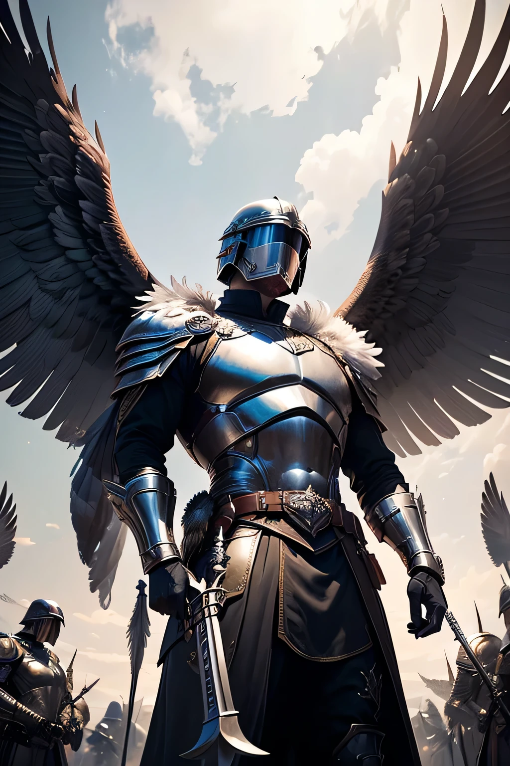 Male angel knight with divine aura wearing modern military boss clothes and medieval helmet (((face hidden) with a large feather at the top, and holding a weapon, eagle wings (((2 wings))), battlefield and squad scenario, dinamic pose, view from below