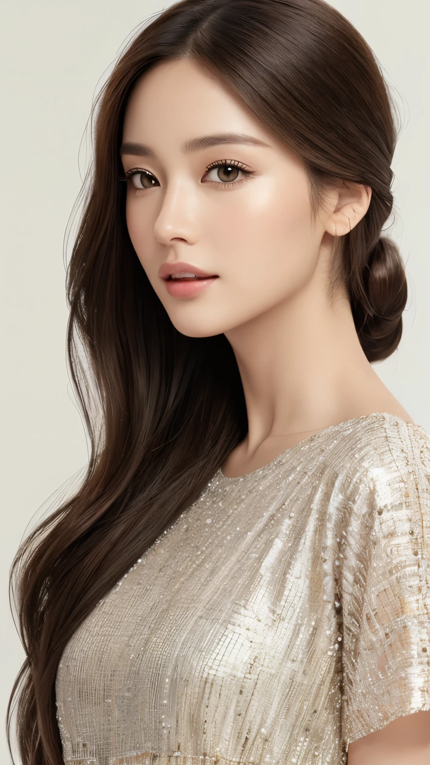 best quality、realistic、Photoreal、very detailed、very delicate and beautiful、RAW photo、professional lighting、facial light、Depth of the bounds written、focus only、Full body Esbian,1 woman (beach at night):1.4)、brown haired、brown eyes、small head、beautiful eyes、dark eyeliner、very big breasts、real face、real skin、lifelike face、real looking skin、detailed eye、detailed facial features、Detailed clothing characteristics、(fashion clothing:1.3) ), (fashion hairstyles: 1.3)、 looking at the viewer, simple background, Magnificent face and big, beautiful teeth、
