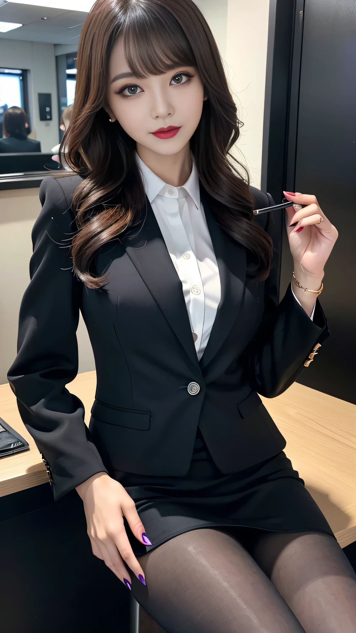 best quality、ultra-detailed、4k、Japanese、Seductive beauty、seductive adult woman、Pretty Woman、cool girl、Villainess、Brainwashed、brainwash、Fallen into evil、smirk、Evil look、Wicked Smile、evil、Brown hair、wavy hair、swept bangs、dark makeup、dark makeup、piercing eyes、hollow eyes,half-closed eyes、Hollow Eyes、purple Eyeshadow、black lipstick、black lipglos、office lady、uniform、suit、Jacket、White blouse、Tight Skirt、night、inside darkroom、Applying lipstick、Are standing、Shining Legs、Beautiful feet、Tempting