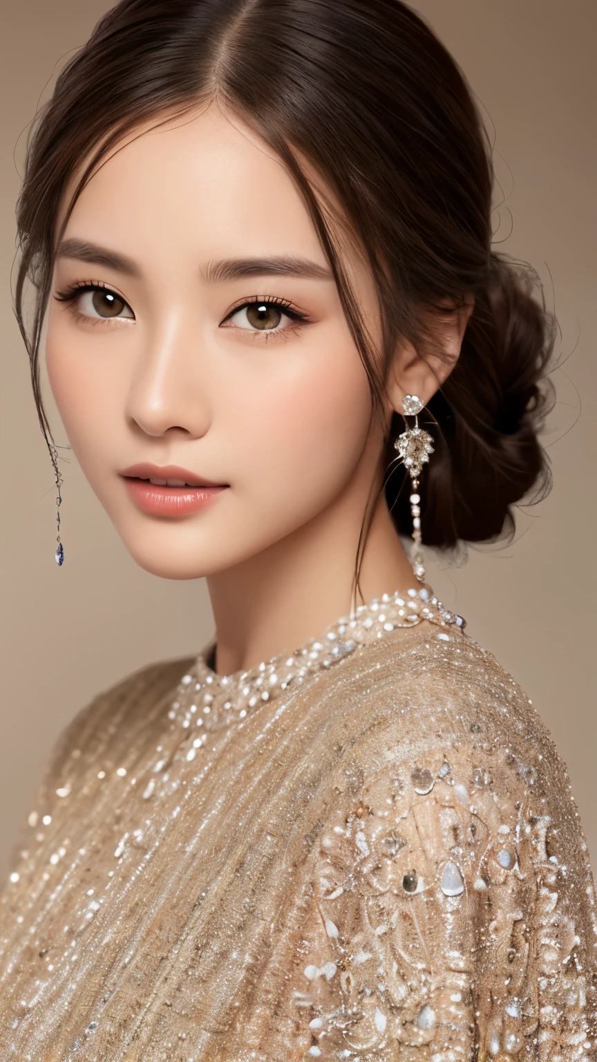 best quality、realistic、Photoreal、very detailed、very delicate and beautiful、RAW photo、professional lighting、facial light、Depth of the bounds written、focus only、Full body Esbian,1 woman (beach at night):1.4)、brown haired、brown eyes、small head、beautiful eyes、dark eyeliner、very big breasts、real face、real skin、lifelike face、real looking skin、detailed eye、detailed facial features、Detailed clothing characteristics、(fashion clothing:1.3) ), (fashion hairstyles: 1.3)、 looking at the viewer, simple background, Magnificent face and big, beautiful teeth、