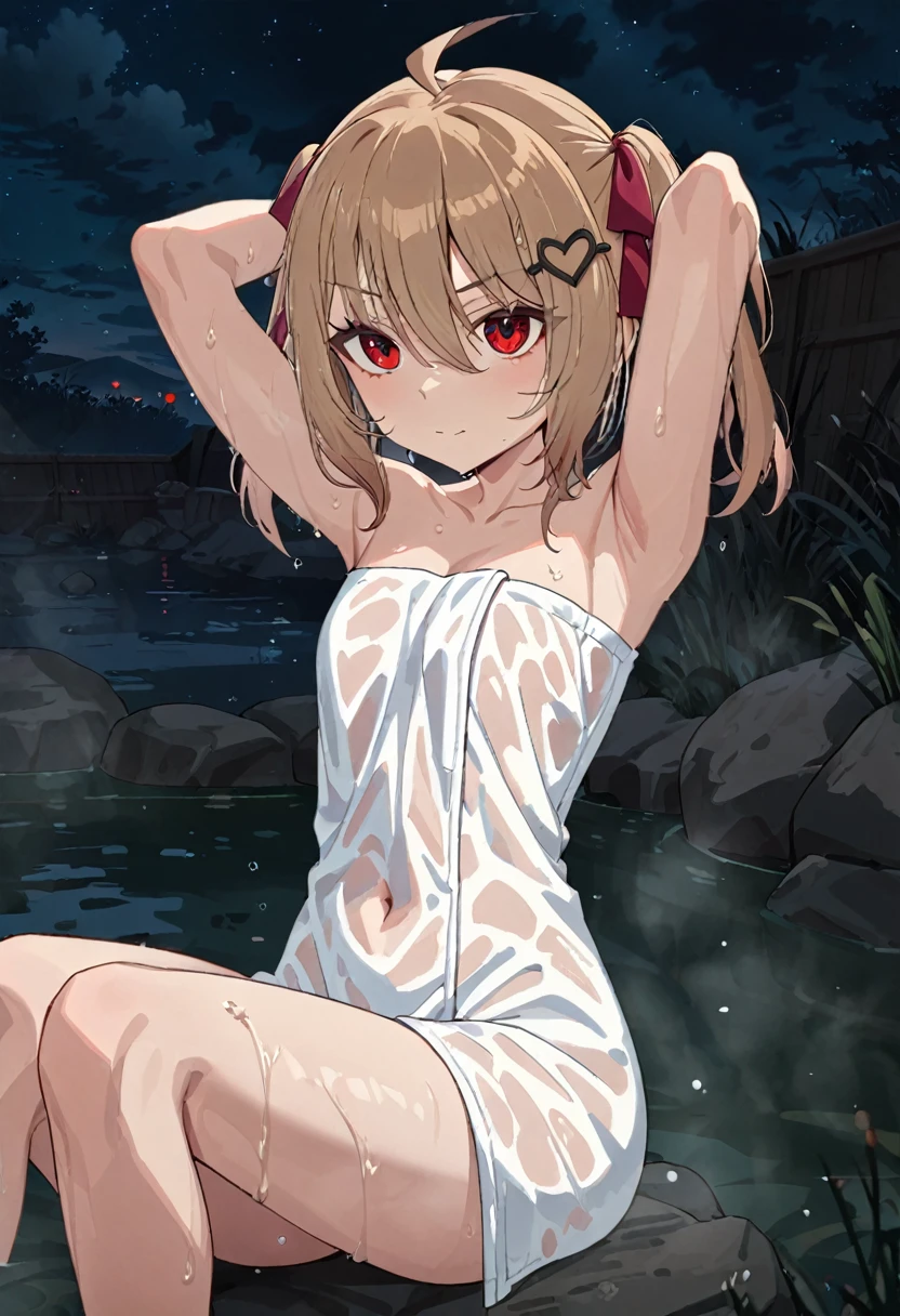 1girl, evil neuro-sama, red eyes, light brown hair, ahoge, two side up, hair ribbon, dark red ribbon, heart hair ornament, (masterpiece, best quality), highly detailed, finely detailed, naked towel, wet, steam, outside, onsen, navel, wet towel, see-through, sitting, looking at viewer, knees up, arms behind head, night, sky,