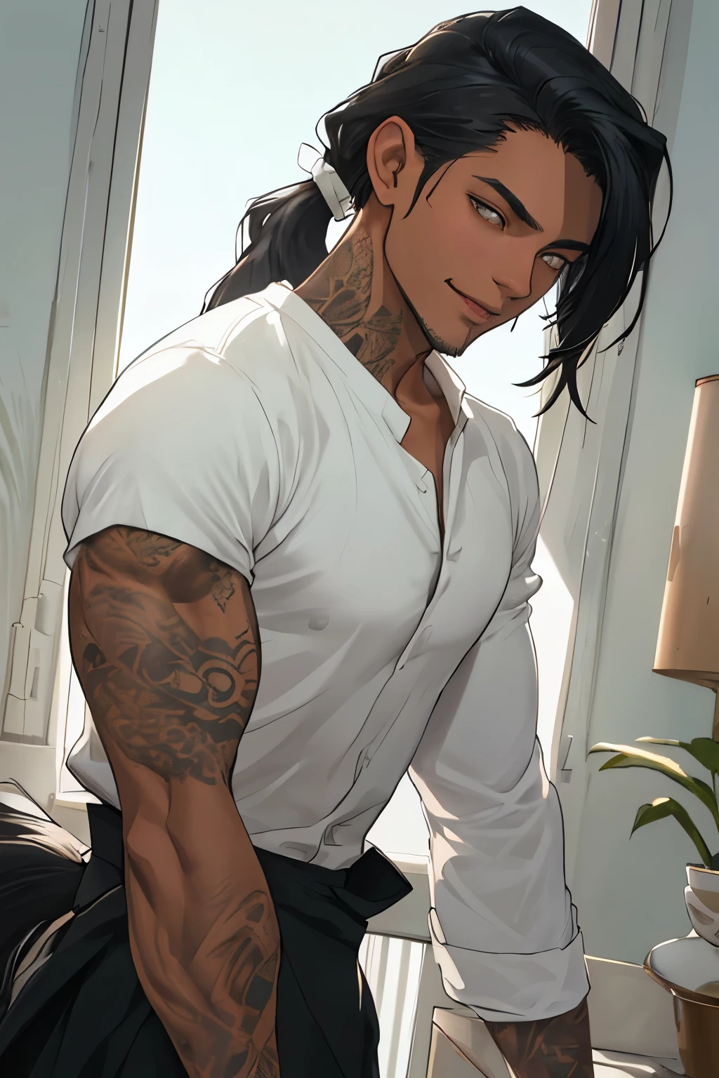 Handsome male, He has black hair, almost always unkempt but it has a certain look to it. He is tall, with broad shoulders, muscular. His face is very masculine but he has really kind eyes. Brown hazel eyes. Big bulge. Hair tied back. Trouser pants. White button up shirt. Plants