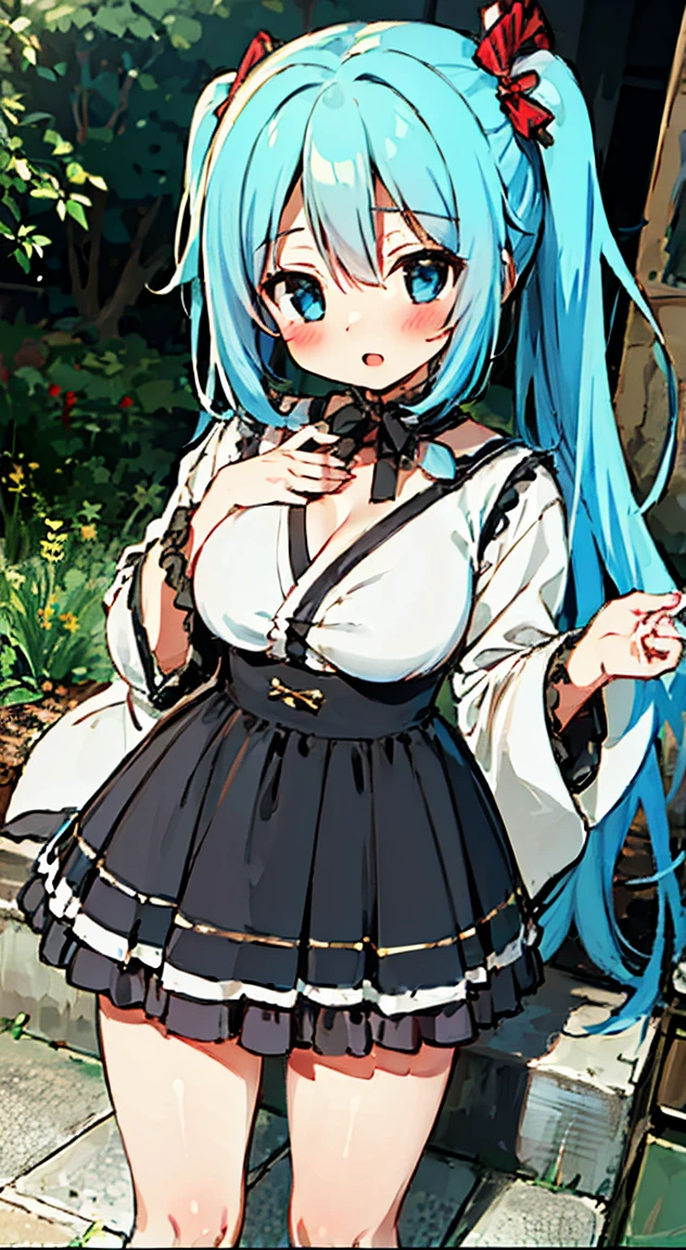 masterpiece, highest quality, (anime screencap:1.3),(shape), cute,(simple:1), (anime:1.2),Solo Sharp Focus, 1 girl, cleavage,looking at the viewer, Japan,aqua hair,((mini skirt)),Are standing, twin tails,summer ,((Black Gothic Costume)),red ribbon,dark gothic,abandoned house,