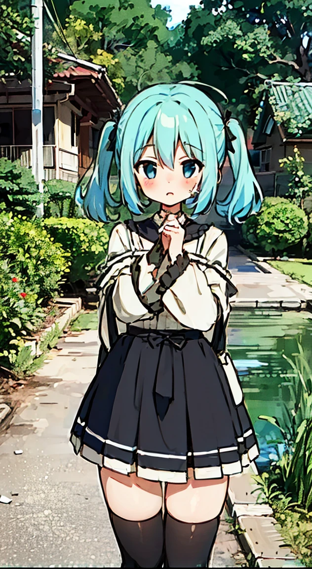 masterpiece, highest quality, (anime screencap:1.3),(shape), cute,(simple:1), (anime:1.2),Solo Sharp Focus, 1 girl, cleavage,looking at the viewer, Japan,aqua hair,((mini skirt)),Are standing, twin tails,summer ,((Black Gothic Costume)),red ribbon,dark gothic,abandoned house,