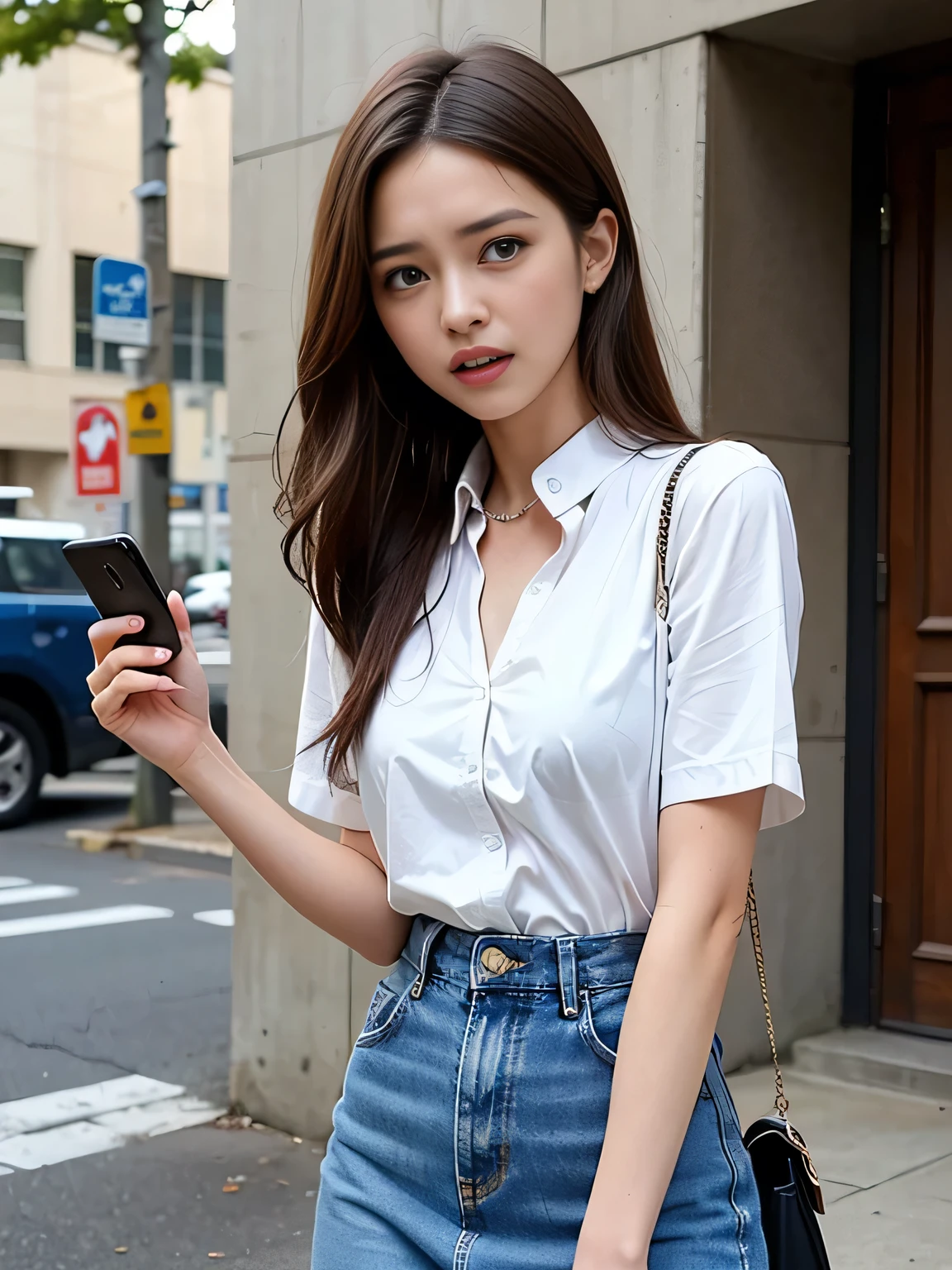 (8KHigh resolution), (highest quality), (RAW Image Quality),(Tabletop:1.2), (Realistic), (Realistic:1.37), Long eyelashes,Exquisite(Live-action Realistic style),((Cowboy Shot:1.4))、The ultimate face,Realistic light and shadow,Distinctive facial features,Milky skin,Fair skin, Skin with attention to detail,Realistic skin details,Visible pores,(Very detailed),Hair length is random, (Flowing Hair),Take the best portraits,Close-range shooting,Very detailed, One Girl, cute,Beautiful and beautiful eyes, Beautiful and sophisticated nose, Very detailedな肌、(eye contact),(Small breasts)、((Flat Chest:1.4))、(Beautiful face with double eyelids),((Full body image)), (realism: 1.4),High resolution, Great details, ultra High resolution、((I look down while crying and call:1.4))、 ((woman with scary expression:1.4))、Favorite Details, High condensation,Delicate and beautiful face,,18-year-old,(Beautiful Face 1.4),thin, ((Short sleeve shirt with white collar:1.4))、((White short-sleeved open-collar shirt:1.4))、(A denim mini skirt that accentuates your thighs:1.7)、((Photo taken on the sidewalk:1.4))、((While crying、Calling on your smartphone:1.4))、((have a handbag:1.4))、((Making a phone call:1.4))、