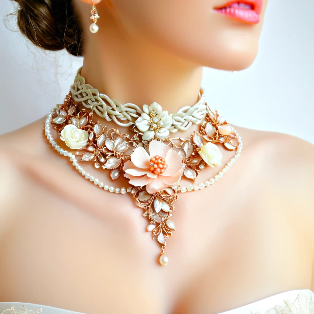 By Rafael ,avant-garde, Botanical, stylish, fantasy , Elegant, cinematic, a wedding wired freeform choker filigrees , foamiran delicate botanical flowers necklace, beads crystals peonies botanical choker on a woman's neck, detailed, pendants, chains, pearls, gems,
intricate ornate, macro photography, peach white beige gradient palette,