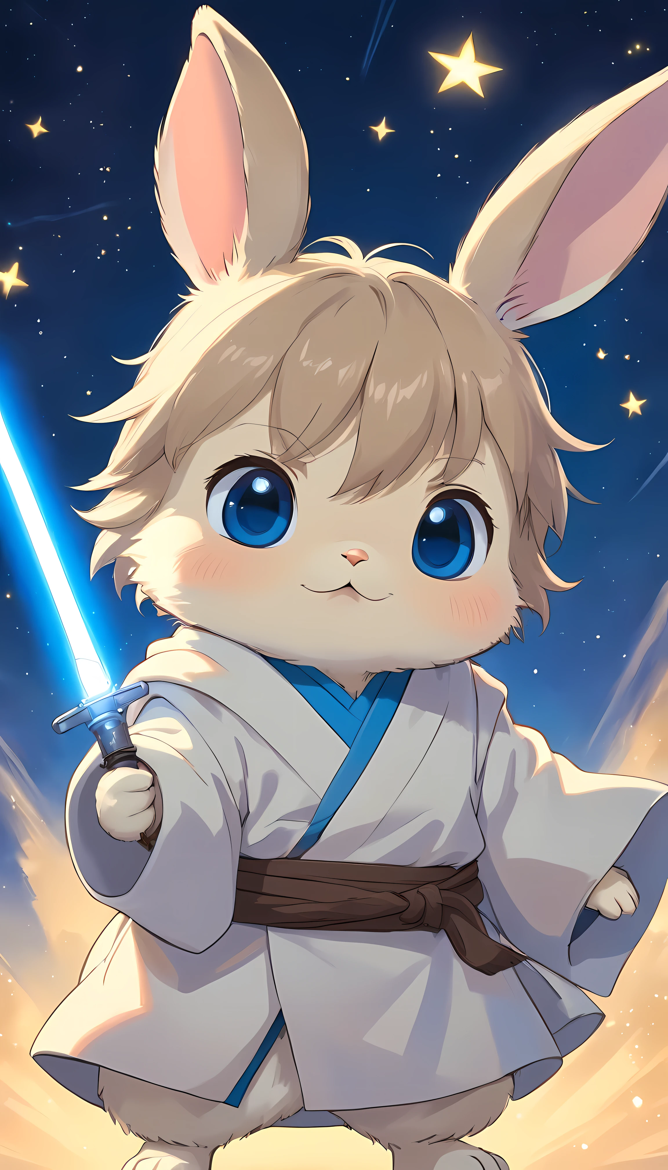 illustration of a cartoon baby bunny, Lindo conejito animal adorable disfrazado del Jedi Luke Skywalker con sable de luz azul (mejor calidad,high resolution:1.2), Colores vibrantes y tonos azules y beige, soft lighting for baby shower invitation with stars background
