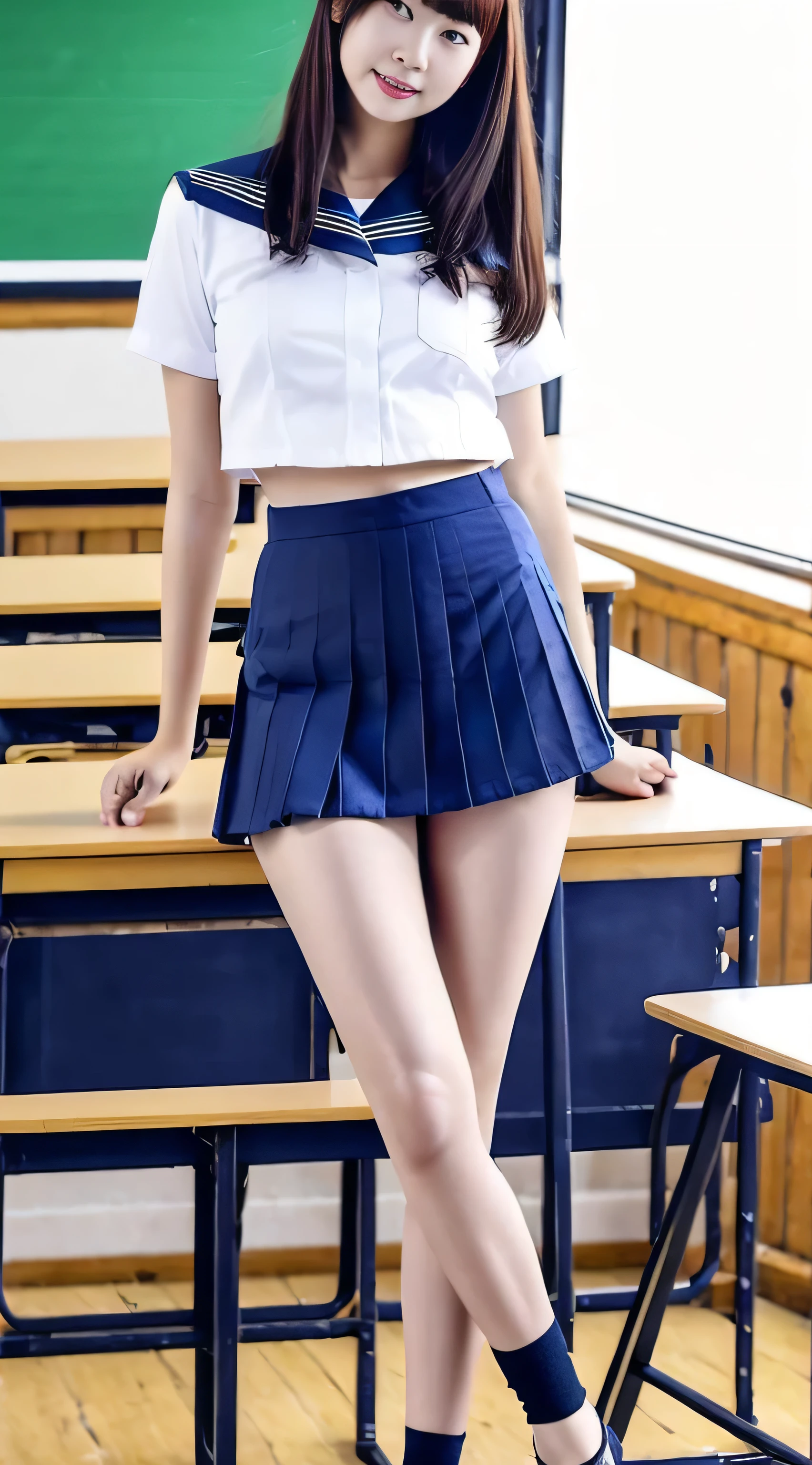 One Girl、High 、Navy blue mini skirt、Thighs、Naked from the waist up、classroom、Sit on a desk with your knees up