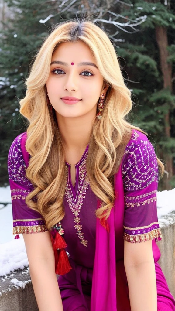 lovely cute young attractive indian girl, brown eyes, gorgeous actress, 25 years old, cute, an Instagram model, long blonde_hair, colorful hair, winter, Indian, wearing salwar-kameez and dupatta