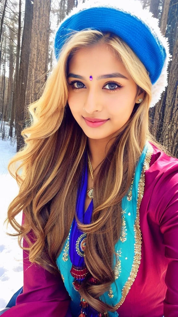 lovely cute young attractive indian girl, brown eyes, gorgeous actress, 25 years old, cute, an Instagram model, long blonde_hair, colorful hair, winter, Indian, wearing salwar-kameez and dupatta