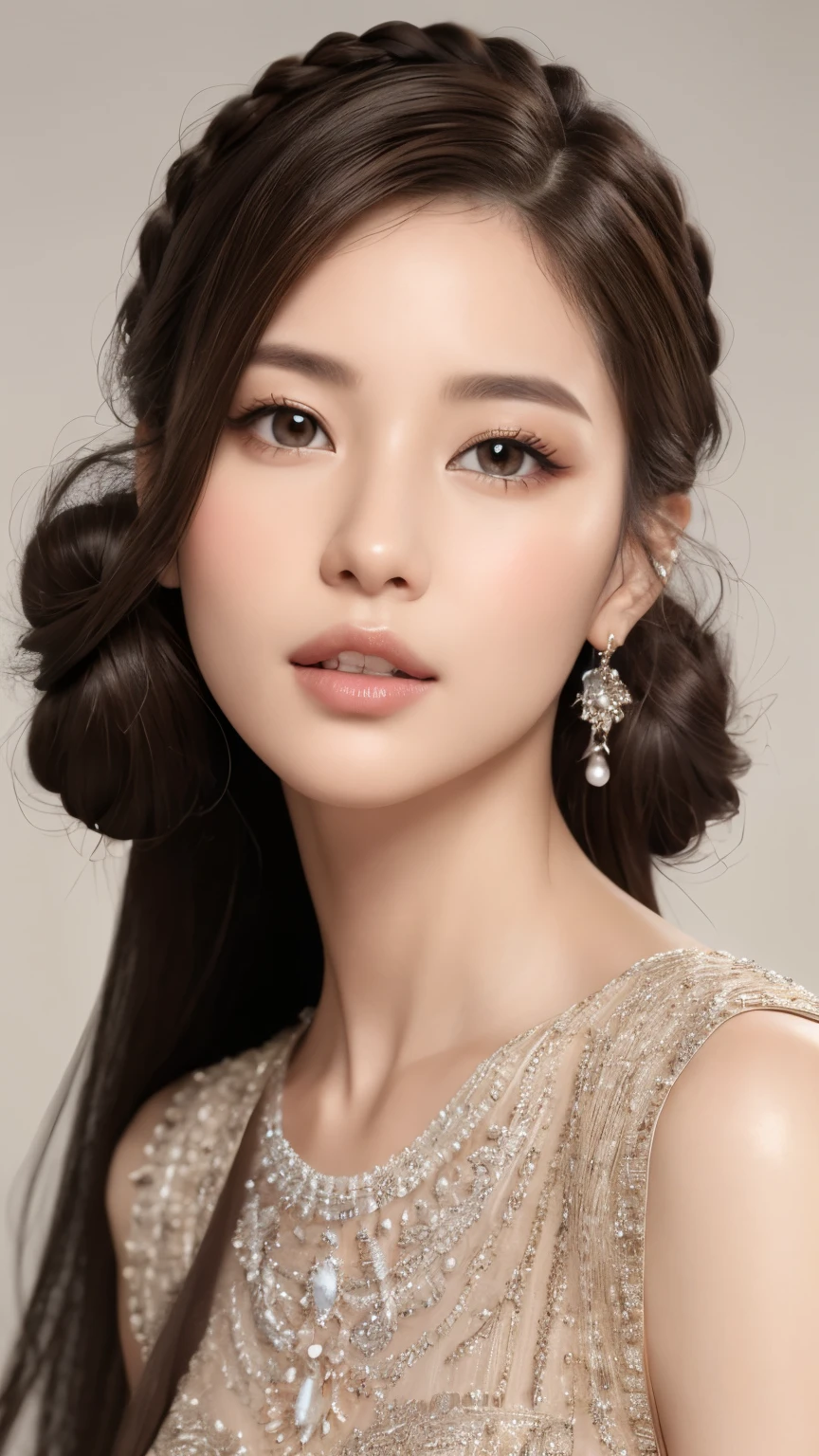 best quality、realistic、Photoreal、very detailed、very delicate and beautiful、RAW photo、professional lighting、facial light、Depth of the bounds written、focus only、Full body Esbian,1 woman (beach at night):1.4)、brown haired、brown eyes、small head、beautiful eyes、dark eyeliner、very big breasts、real face、real skin、lifelike face、real looking skin、detailed eye、detailed facial features、Detailed clothing characteristics、(fashion clothing:1.3) ), (fashion hairstyles: 1.3)、 looking at the viewer, simple background, Magnificent face and big, beautiful teeth、