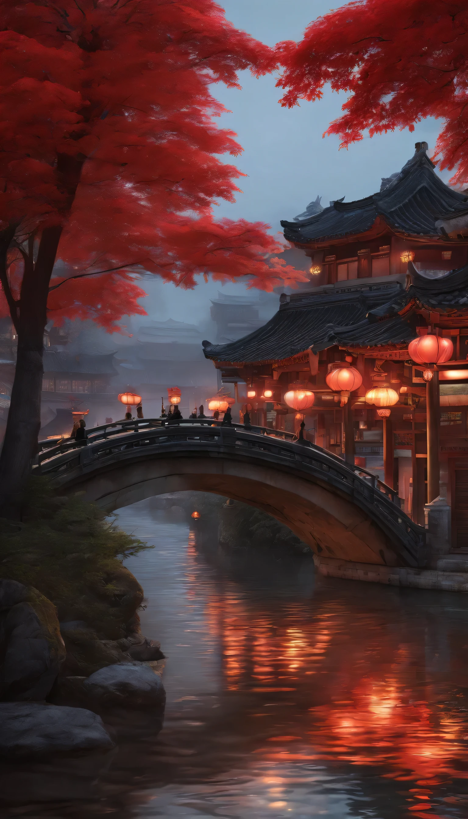 Fiery red maple leaves in the foreground,Jiangnan Ancient Town,small bridge with flowing water,autumn night view,High resolution 8K,warm color palette,The moon hangs high,full of light