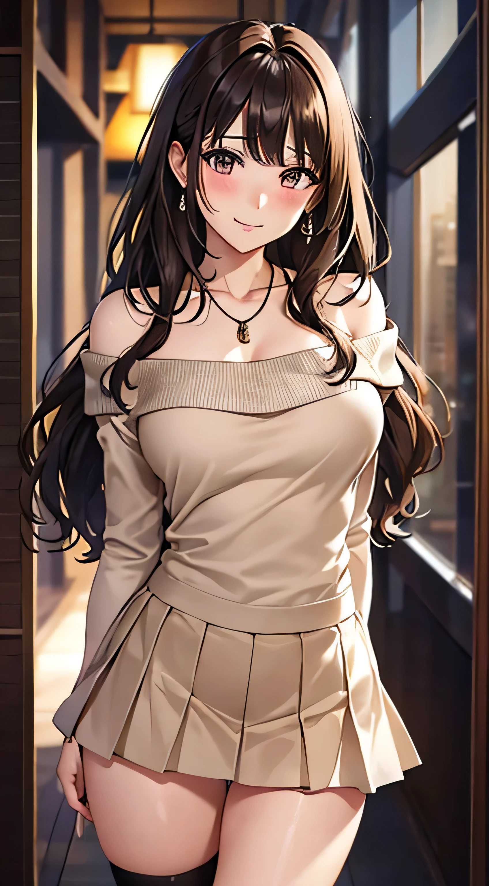 (Tabletop, highest quality, High resolution, , Perfect Pixel, 4K,), 1 girl, single, alone, Beautiful woman、I could see the whole body、 ((wavy mid hair, bangs, Brown Hair)), ((Brown eyes, Beautiful eyelashes, Realistic eyes)), ((Detailed face, blush:1.2)), ((Smooth texture:0.75, Realistic texture:0.65, Realistic:1.1, Anime CG Style)), Medium chest, Dynamic Angle, Perfect body, ((, female teacher, , Earrings、necklace、Beige off-the-shoulder sweater、Long pleated skirt、Black knee-high stockings、Pink lace panties、A shy smile、Lift up your skirt and show me your panties)), Superior、、、evening、、Bring your arms together to emphasize your chest、Hold the necklace between your chest、(、()、Angle from below)、