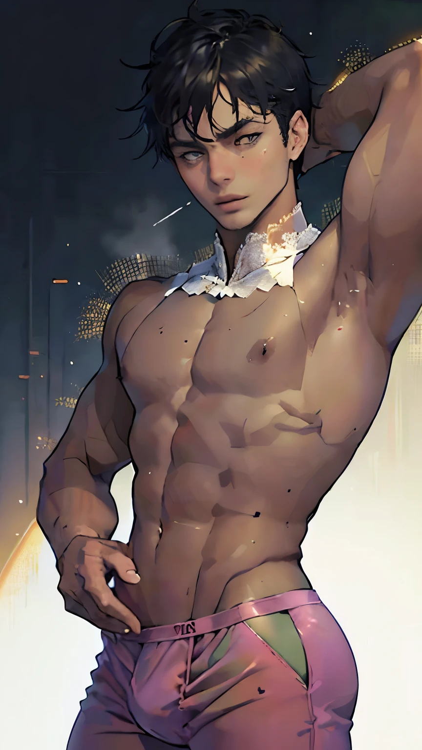watercolor, Peter Pan examines the buttocks of a 17-year-old Brazilian boy,in lace thong panties 2 sizes smaller wearing tight sweatpants with a protruding convex codpiece. Muscular, with round, firm, perfect buttocks, Aesthetic, erotic, beautiful, in the style of Caravaggio
