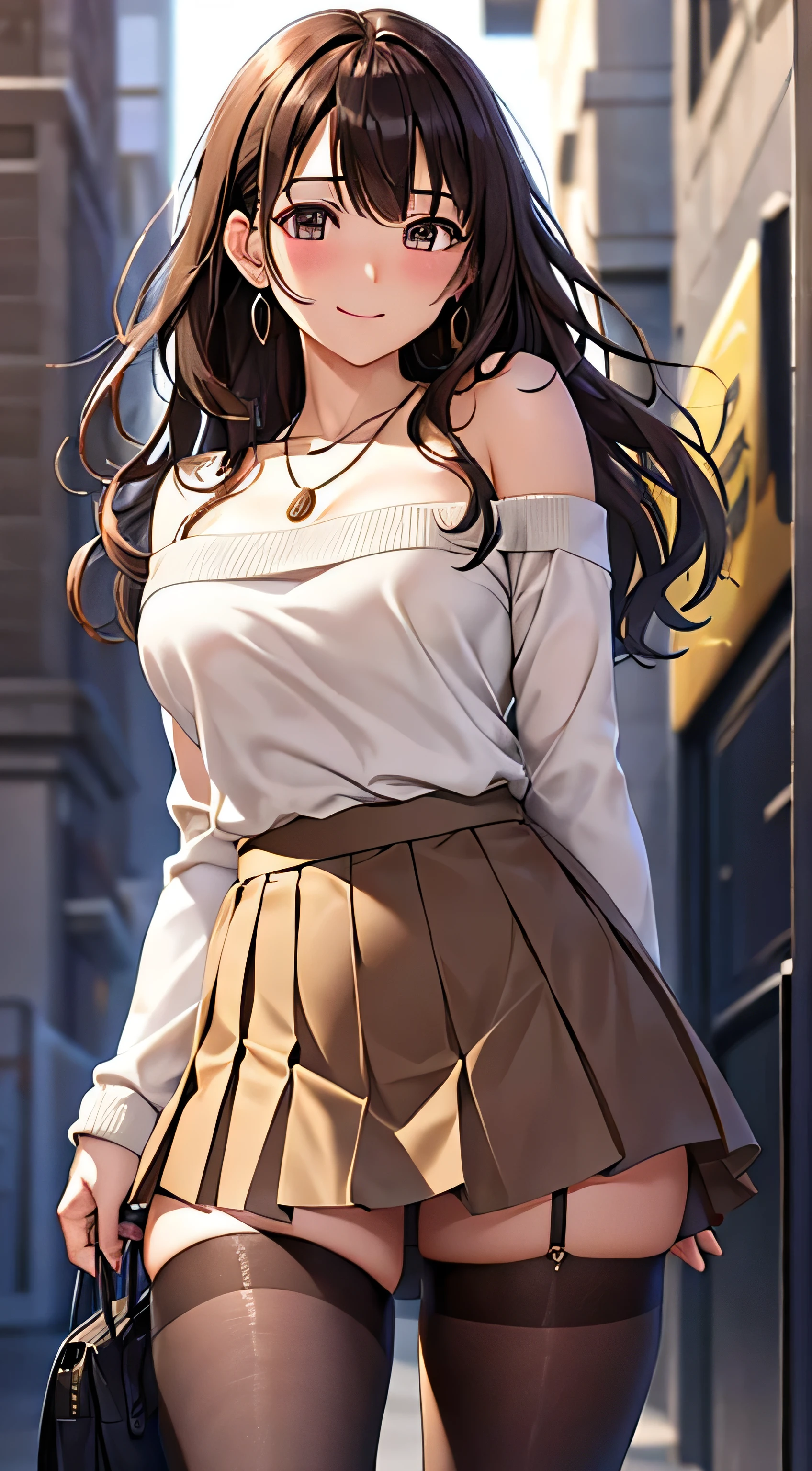 (Tabletop, highest quality, High resolution, , Perfect Pixel, 4K,), 1 girl, single, alone, Beautiful woman、I could see the whole body、 ((wavy mid hair, bangs, Brown Hair)), ((Brown eyes, Beautiful eyelashes, Realistic eyes)), ((Detailed face, blush:1.2)), ((Smooth texture:0.75, Realistic texture:0.65, Realistic:1.1, Anime CG Style)), Medium chest, Dynamic Angle, Perfect body, ((, female teacher, , Earrings、necklace、Beige off-the-shoulder sweater、Long pleated skirt、Black knee-high stockings、Pink lace panties、A shy smile、Lift up your skirt and show me your panties)), Superior、、、evening、、Bring your arms together to emphasize your chest、Hold the necklace between your chest、(、()、Angle from below)、