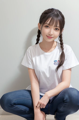 best quality, detailed, beautiful, insanely detailed, absurdres,perfect anatomy,
Japanese female,black hair,27 years old,
(slender),
(small breasts best quality),
cheerful grin, squatting, legs spread, braids, white t-shirt, jeans, full body shot, front view