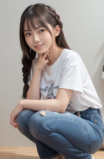 best quality, detailed, beautiful, insanely detailed, absurdres,perfect anatomy,
Japanese female,black hair,27 years old,
(slender),
(small breasts best quality),
cheerful grin, squatting, legs spread, braids, white t-shirt, jeans, full body shot, front view