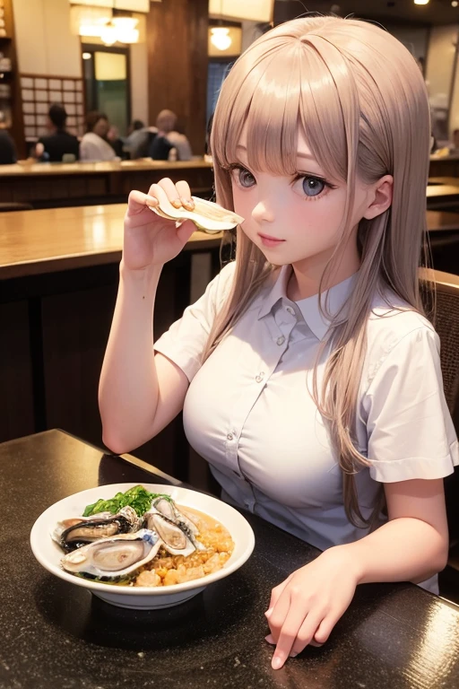 The customer next to me at Ondo Kaisan is an oyster girl eating raw oysters.