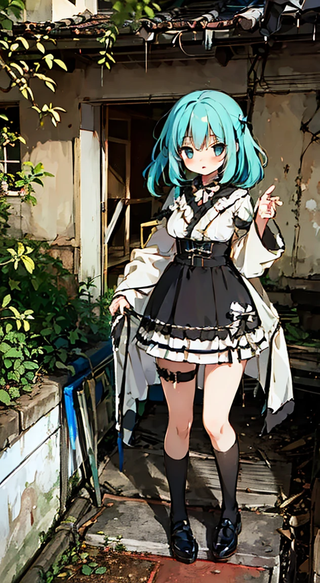 masterpiece, highest quality, (anime screencap:1.3),(shape), cute,(simple:1), (anime:1.2),Solo Sharp Focus, 1 girl, cleavage,looking at the viewer, Japan,aqua hair,((mini skirt)),Are standing, twin tails,summer ,((Black Gothic Costume)),red ribbon,dark gothic,abandoned house,