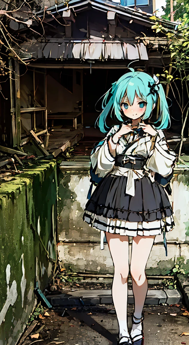 masterpiece, highest quality, (anime screencap:1.3),(shape), cute,(simple:1), (anime:1.2),Solo Sharp Focus, 1 girl, cleavage,looking at the viewer, Japan,aqua hair,((mini skirt)),Are standing, twin tails,summer ,((Black Gothic Costume)),red ribbon,dark gothic,abandoned house,