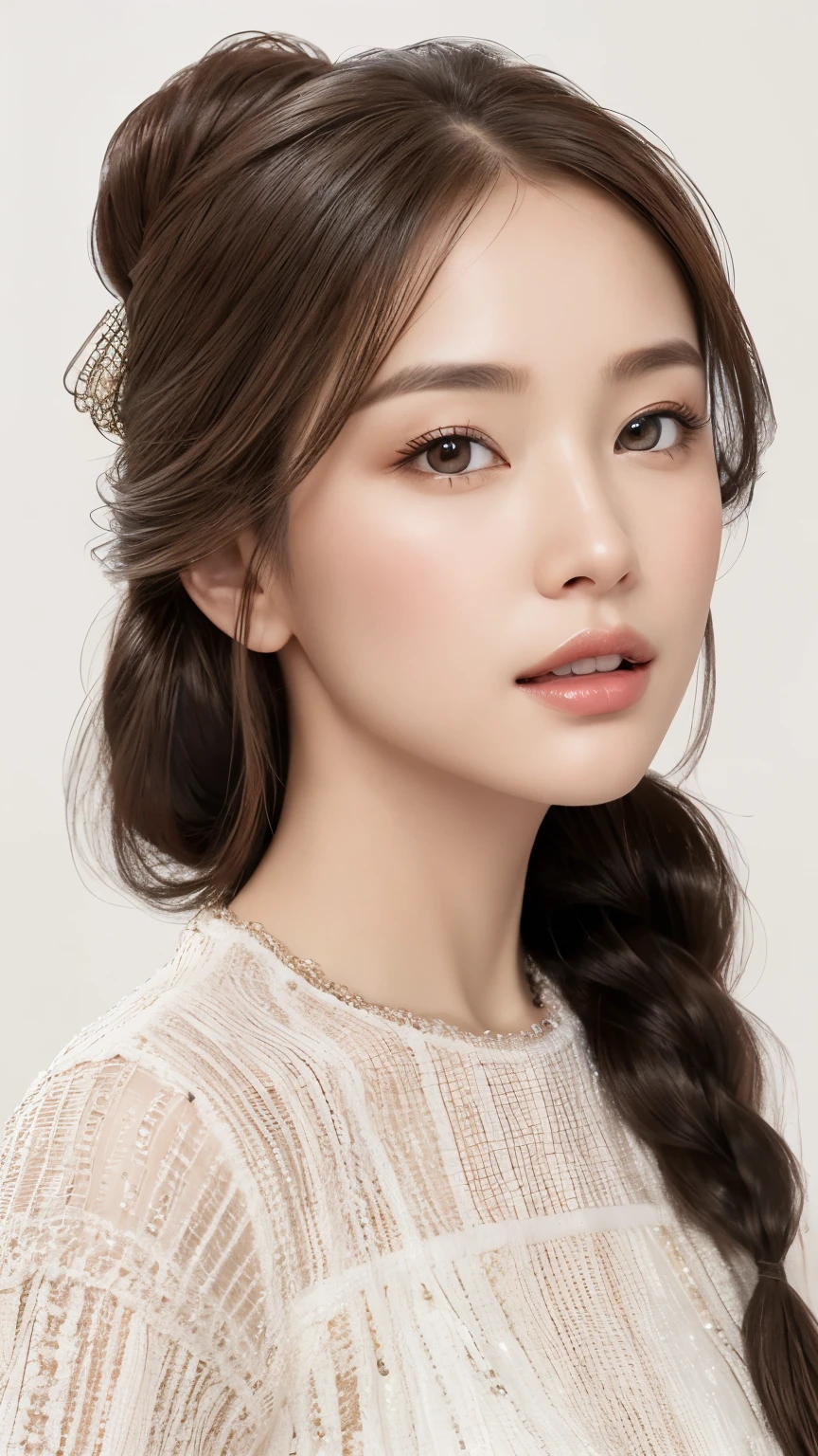 best quality、realistic、Photoreal、very detailed、very delicate and beautiful、RAW photo、professional lighting、facial light、Depth of the bounds written、focus only、Full body Esbian,1 woman (beach at night):1.4)、brown haired、brown eyes、small head、beautiful eyes、dark eyeliner、very big breasts、real face、real skin、lifelike face、real looking skin、detailed eye、detailed facial features、Detailed clothing characteristics、(fashion clothing:1.3) ), (fashion hairstyles: 1.3)、 looking at the viewer, simple background, Magnificent face and big, beautiful teeth、