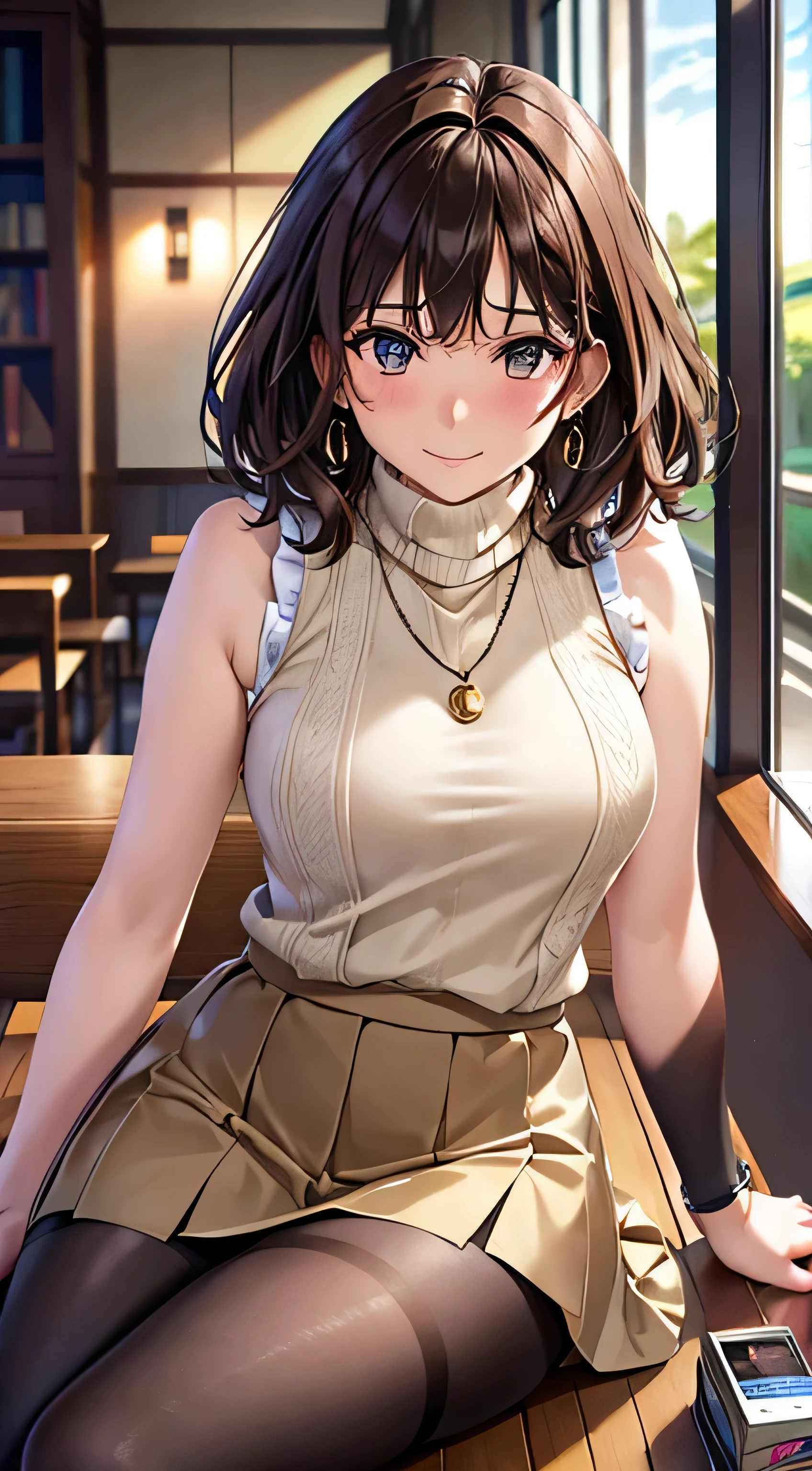 (Tabletop, highest quality, High resolution, , Perfect Pixel, 4K,), 1 girl, single, alone, Beautiful woman、I could see the whole body、 ((Wavy short hair, bangs, Brown Hair)), ((Brown eyes, Beautiful eyelashes, Realistic eyes)), ((Detailed face, blush:1.2)), ((Smooth texture:0.75, Realistic texture:0.65, Realistic:1.1, Anime CG Style)), Medium chest, Dynamic Angle, Perfect body, ((, female teacher, , Earrings、necklace、((Beige turtleneck sleeveless sweater))、Long flared skirt in dark blue、Black knee-high stockings、Spread your legs wide、、A shy smile、sit at a desk in the library、Hold up your skirt with both hands)), Superior、、、evening、、(Pink lace panties are visible、、、Angle from below)、