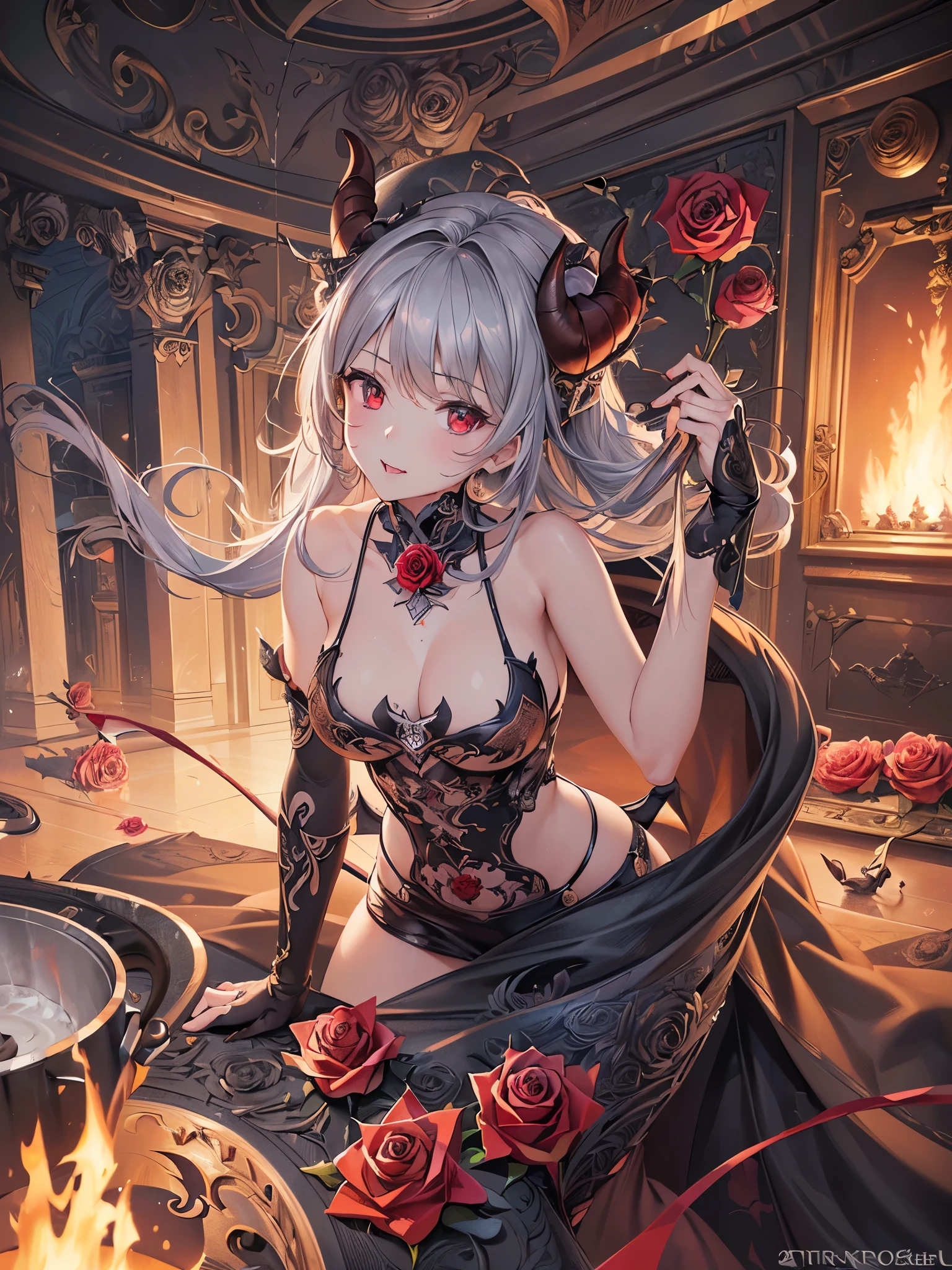 ((highest quality)),(Ultra-high resolution),(Very detailed),(Detailed Description),((The best CG)),(A masterpiece),Ultra-precise art,Amazing drawing art,(Art with precise detail:1.5), (Female Devil:1.4), (Steel Rose:1.6)
