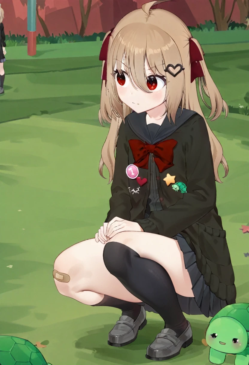 1girl, evil neuro-sama, red eyes, light brown hair, ahoge, two side up, hair ribbon, dark red ribbon, heart hair ornament, black cardigan, open cardigan, black sailor collar, long sleeves, red bow, heart, button badge, star \(symbol\), drone, the number "1" on a badge, turtle, black skirt, pleated skirt, asymmetrical legwear, black thighhighs, black kneehighs, bandaid on knee, grey footwear, loafers, (masterpiece, best quality), highly detailed, finely detailed, outdoors, park, squatting,