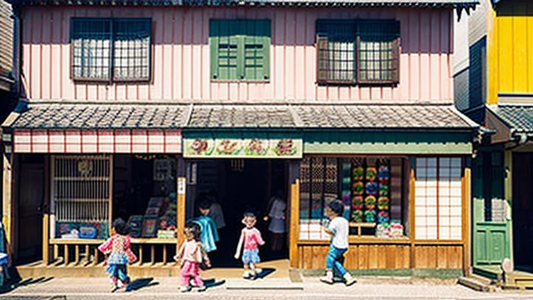 Children shopping at a candy store、Old Japanese tiled house、Scene of children playing、A crowd of children playing in front of a candy store、Children's smiling faces、Children's smiling faces、Children's smiling faces、Grandma poster girl of a candy store、Candy Shop Mask、Showa era masks、Hyotko mask、Japan candy shop、Japan candy shop、Sweets and snacks in the store、There are lots of things to play with and play equipment、kite、top、Menco、Marble。Playing、Surprise Ball、pistol、firework、balloon、Beigoma、Model、Minica and other items are lined up。