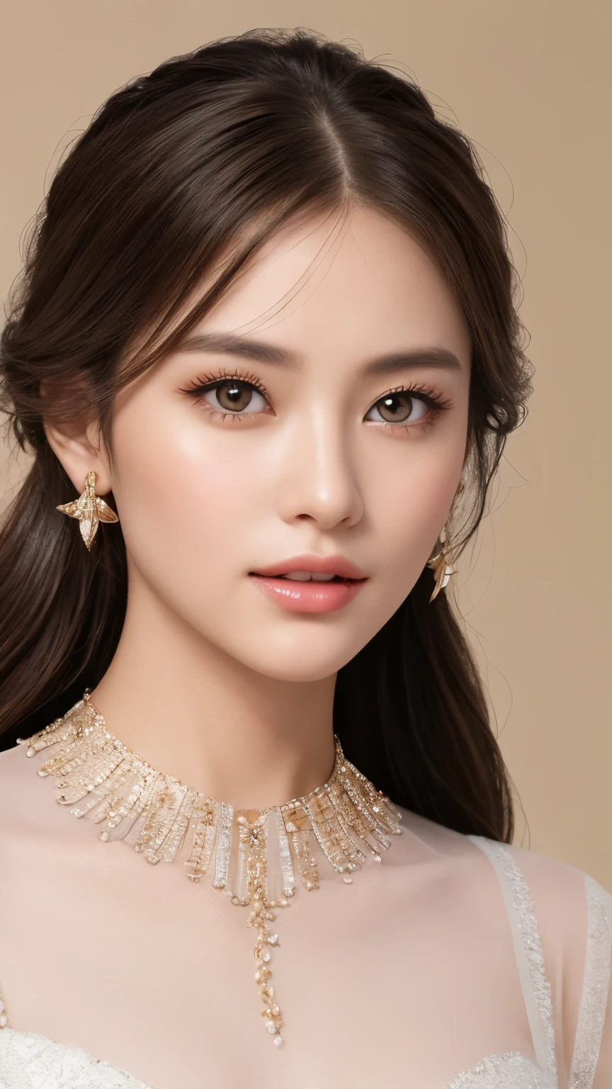 best quality、realistic、Photoreal、very detailed、very delicate and beautiful、RAW photo、professional lighting、facial light、Depth of the bounds written、focus only、Full body Esbian,1 woman (beach at night):1.4)、brown haired、brown eyes、small head、beautiful eyes、dark eyeliner、very big breasts、real face、real skin、lifelike face、real looking skin、detailed eye、detailed facial features、Detailed clothing characteristics、(fashion clothing:1.3) ), (fashion hairstyles: 1.3)、 looking at the viewer, simple background, Magnificent face and big, beautiful teeth、