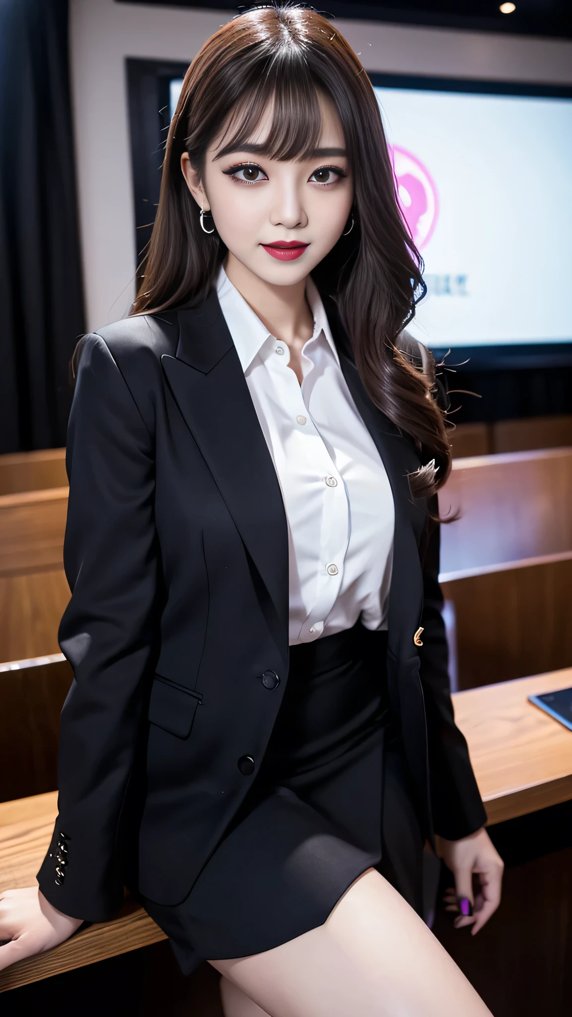 best quality、ultra-detailed、4k、Japanese、Seductive beauty、seductive adult woman、Pretty Woman、cool girl、Villainess、Brainwashed、brainwash、Fallen into evil、smirk、Evil look、Wicked Smile、evil、Brown hair、wavy hair、swept bangs、dark makeup、dark makeup、piercing eyes、hollow eyes,half-closed eyes、Hollow Eyes、purple Eyeshadow、black lipstick、black lipglos、uniform、suit、Jacket、White blouse、Tight Skirt、night、inside darkroom、Applying lipstick、Are standing、Shining Legs、Beautiful feet、Tempting