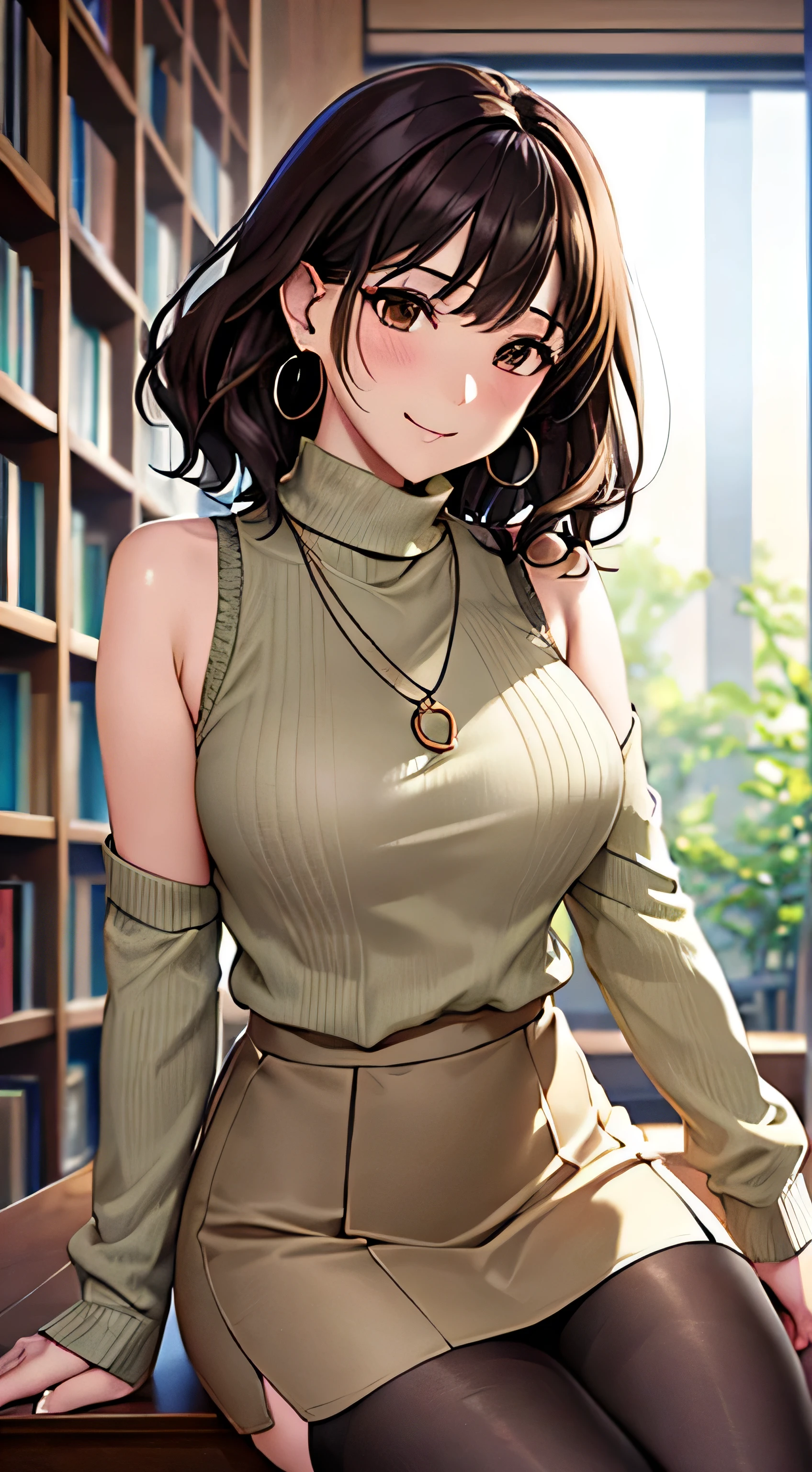 (Tabletop, highest quality, High resolution, , Perfect Pixel, 4K,), 1 girl, single, alone, Beautiful woman、I could see the whole body、 ((Wavy short hair, bangs, Brown Hair)), ((Brown eyes, Beautiful eyelashes, Realistic eyes)), ((Detailed face, blush:1.2)), ((Smooth texture:0.75, Realistic texture:0.65, Realistic:1.1, Anime CG Style)), Medium chest, Dynamic Angle, Perfect body, ((, female teacher, , Earrings、necklace、((Beige turtleneck sleeveless sweater))、Long flared skirt in dark blue、Black knee-high stockings、Spread your legs wide、、A shy smile、sit at a desk in the library、Hold up your skirt with both hands)), Superior、、、evening、、(Pink lace panties are visible、、、Angle from below)、