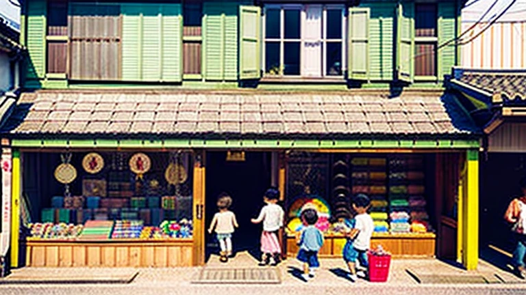 Children shopping at a candy store、Old Japanese tiled house、Scene of children playing、A crowd of children playing in front of a candy store、Children's smiling faces、Children's smiling faces、Children's smiling faces、Grandma poster girl of a candy store、Candy Shop Mask、Showa era masks、Hyotko mask、Japan candy shop、Japan candy shop、Sweets and snacks in the store、There are lots of things to play with and play equipment、kite、top、Menco、Marble。Playing、Surprise Ball、pistol、firework、balloon、Beigoma、Model、Minica and other items are lined up。