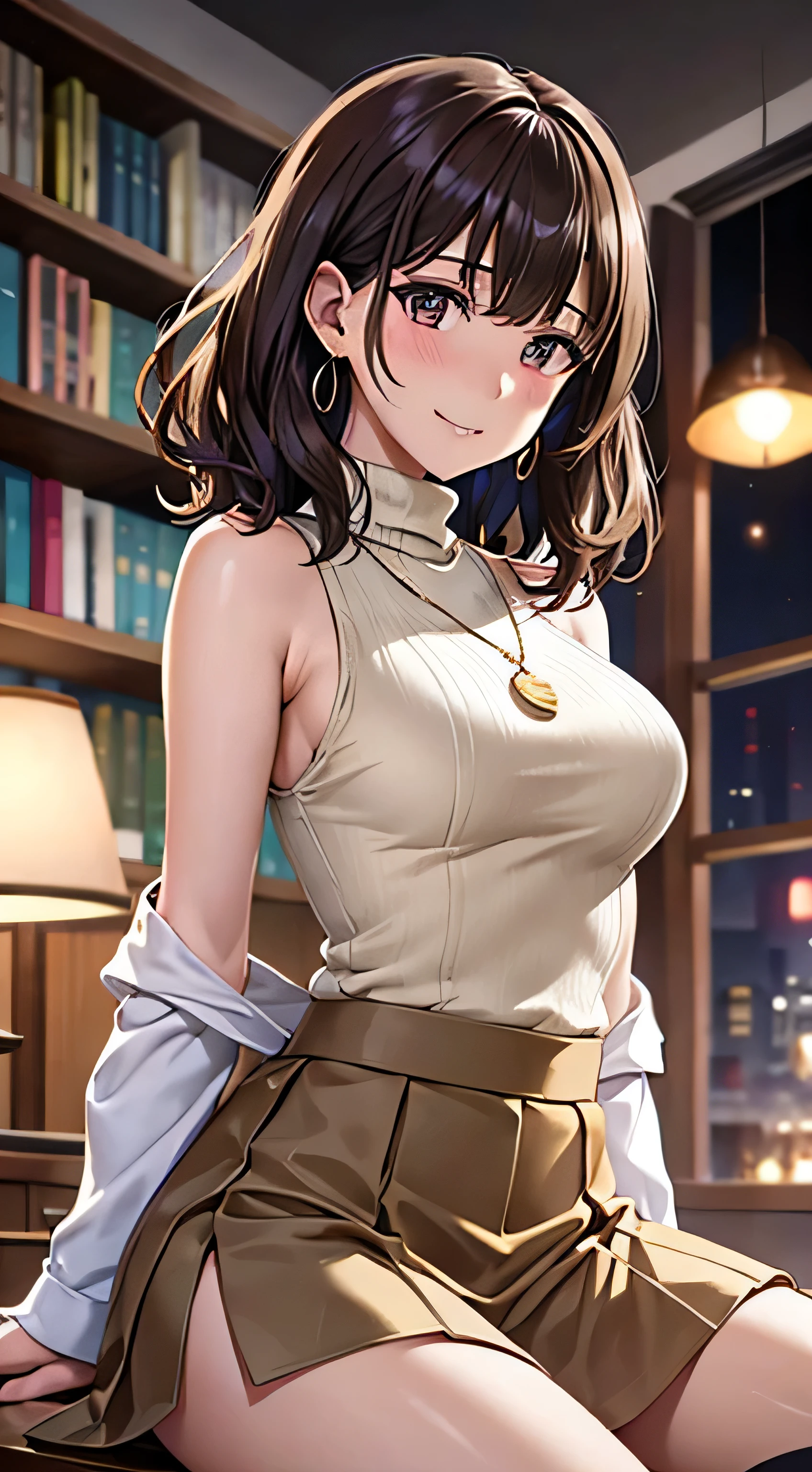 (Tabletop, highest quality, High resolution, , Perfect Pixel, 4K,), 1 girl, single, alone, Beautiful woman、I could see the whole body、 ((Wavy short hair, bangs, Brown Hair)), ((Brown eyes, Beautiful eyelashes, Realistic eyes)), ((Detailed face, blush:1.2)), ((Smooth texture:0.75, Realistic texture:0.65, Realistic:1.1, Anime CG Style)), Medium chest, Dynamic Angle, Perfect body, ((, female teacher, , Earrings、necklace、((Beige turtleneck sleeveless sweater))、Long flared skirt in dark blue、Black knee-high stockings、Spread your legs wide、、A shy smile、sit at a desk in the library、Hold up your skirt with both hands)), Superior、、、evening、、(Pink lace panties are visible、、、Angle from below)、