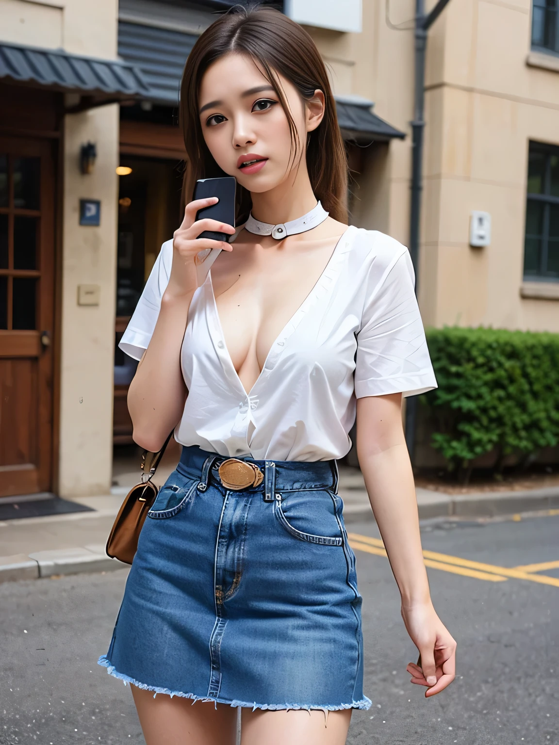 (8KHigh resolution), (highest quality), (RAW Image Quality),(Tabletop:1.2), (Realistic), (Realistic:1.37), Long eyelashes,Exquisite（Live-action Realistic style）,((Cowboy Shot:1.4))、The ultimate face,Realistic light and shadow,Distinctive facial features,Milky skin,Fair skin, Skin with attention to detail,Realistic skin details,Visible pores,（Very detailed）,Hair length is random, （Flowing Hair）,Take the best portraits,Close-range shooting,Very detailed, One Girl, cute,Beautiful and beautiful eyes, Beautiful and sophisticated nose, Very detailedな肌、(eye contact),(Small breasts)、((Flat Chest:1.4))、(Beautiful face with double eyelids),((Full body image)), (realism: 1.4),High resolution, Great details, ultra High resolution、((I look down while crying and call:1.4))、 ((woman with scary expression:1.4))、Favorite Details, High condensation,Delicate and beautiful face,,18-year-old,(Beautiful Face 1.4),thin, ((Short sleeve shirt with white collar:1.4))、((White short-sleeved open-collar shirt:1.4))、(A denim mini skirt that accentuates your thighs:1.7)、((Photo taken on the sidewalk:1.4))、((While crying、Calling on your smartphone:1.4))、((have a handbag:1.4))、((Making a phone call:1.4))、