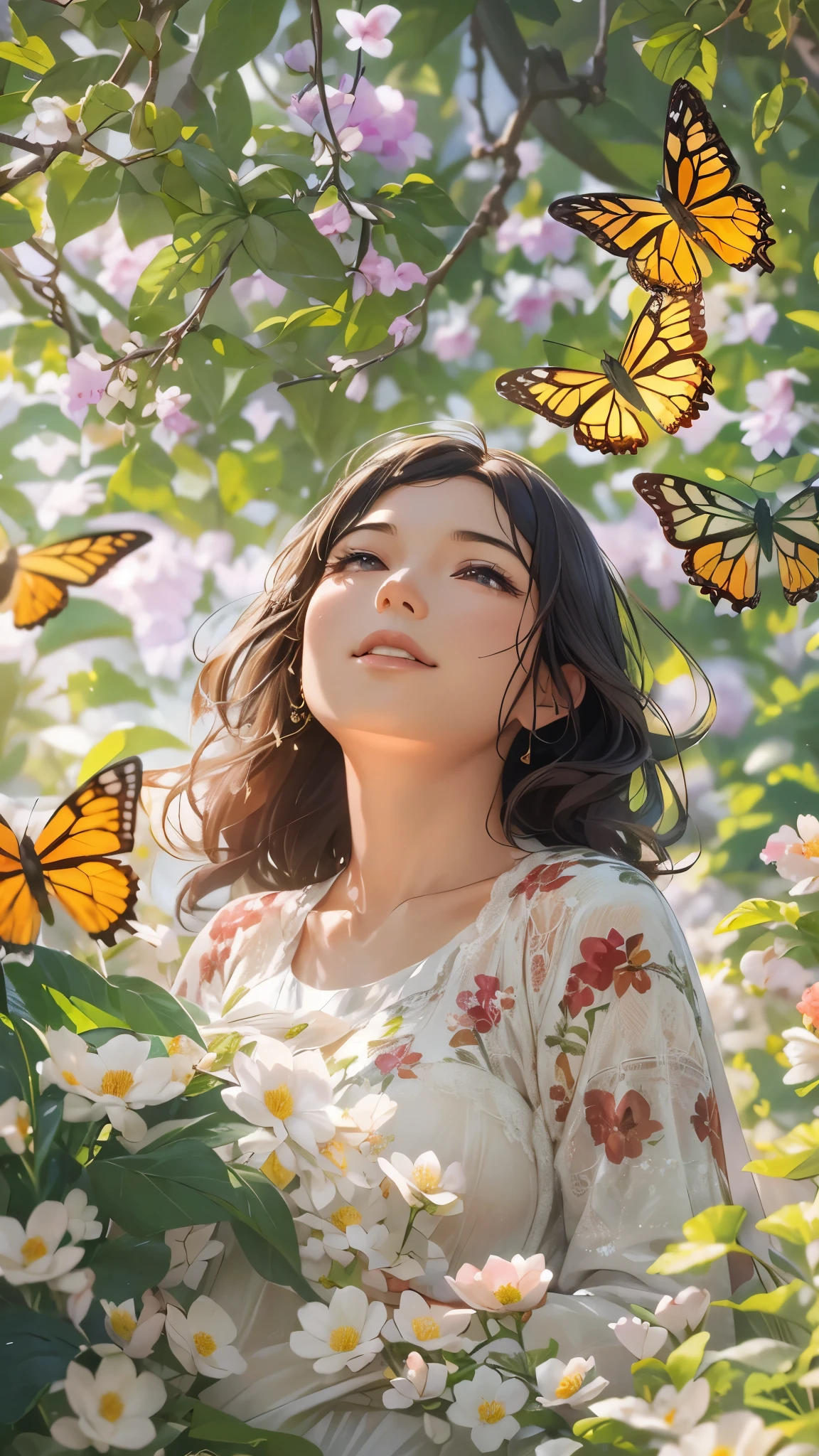 (best quality,4k,8k,highres,masterpiece:1.2),ultra-detailed,(realistic,photorealistic,photo-realistic:1.37),In a garden,pregnant woman,butterflies,serene atmosphere,soft sunlight,floral backdrop,gently caressing breeze,vibrant colors,beautiful detailed eyes,beautiful detailed lips,long eyelashes,pregnancy glow,nurturing hands and belly,blooming flowers around her,sense of calm and contentment,peaceful expression.

This is a prompt for a high-quality image generated by stable diffusion.。A picture of tranquility and harmony，Depicting a pregnant woman in a garden，Butterflies flutter around her。In the picture, gentle sunlight shines on her through the leaves.，Flowers bloom in a variety of bright colors。This woman has a pair of beautiful and delicate eyes，The soft sunlight sets off her sweet smile，The long eyelashes dance gently。Her hands gently stroked her belly，Demonstrating a maternal strength。Around her，The flowers are blooming so beautifully，Create an atmosphere of tranquility and peace。The whole picture exudes a sense of peace and contentment。