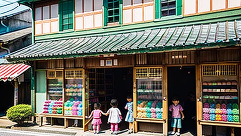 Children shopping at a candy store、Old Japanese tiled house、Scene of children playing、A crowd of children playing in front of a candy store、Children's smiling faces、Children's smiling faces、Children's smiling faces、Grandma poster girl of a candy store、Candy Shop Mask、Showa era masks、Hyotko mask、Japan candy shop、Japan candy shop、Sweets and snacks in the store、There are lots of things to play with and play equipment、kite、top、Menco、Marble。Playing、Surprise Ball、pistol、firework、balloon、Beigoma、Model、Minica and other items are lined up。