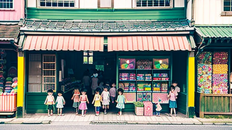 Children shopping at a candy store、Old Japanese tiled house、Scene of children playing、A crowd of children playing in front of a candy store、Children&#39;s smiling faces、Children&#39;s smiling faces、Children&#39;s smiling faces、Grandma poster girl of a candy store、Candy Shop Mask、Showa era masks、Hyotko mask、Japan candy shop、Japan candy shop、Sweets and snacks in the store、There are lots of things to play with and play equipment、kite、top、Menco、Marble。Playing、Surprise Ball、pistol、firework、balloon、Beigoma、Model、Minica and other items are lined up。