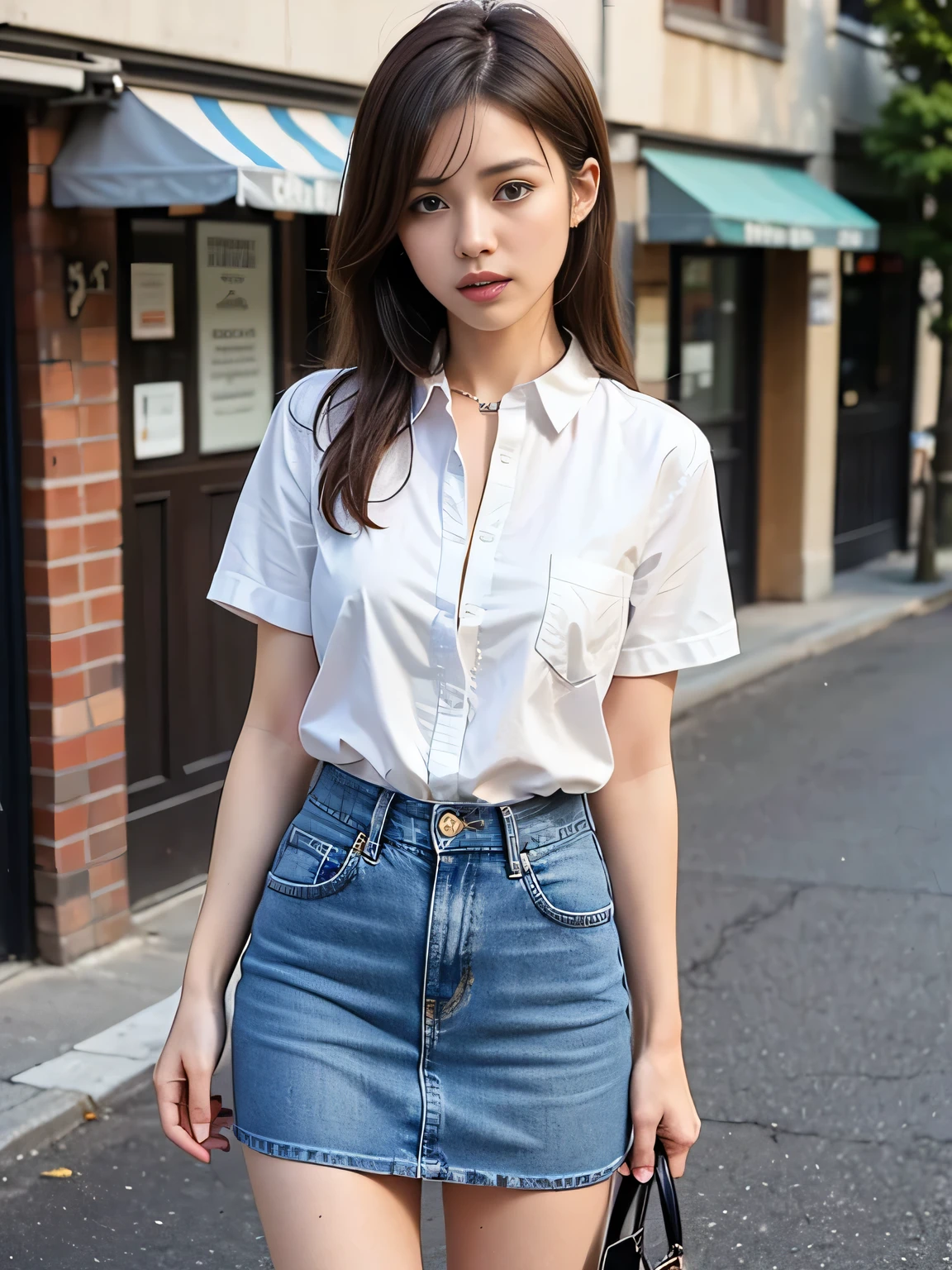 (8KHigh resolution), (highest quality), (RAW Image Quality),(Tabletop:1.2), (Realistic), (Realistic:1.37), Long eyelashes,Exquisite(Live-action Realistic style),((Cowboy Shot:1.4))、The ultimate face,Realistic light and shadow,Distinctive facial features,Milky skin,Fair skin, Skin with attention to detail,Realistic skin details,Visible pores,(Very detailed),Hair length is random, (Flowing Hair),Take the best portraits,Close-range shooting,Very detailed, One Girl, cute,Beautiful and beautiful eyes, Beautiful and sophisticated nose, Very detailedな肌、(eye contact),(Small breasts)、((Flat Chest:1.4))、(Beautiful face with double eyelids),((Full body image)), (realism: 1.4),High resolution, Great details, ultra High resolution、((I look down while crying and call:1.4))、 ((woman with scary expression:1.4))、Favorite Details, High condensation,Delicate and beautiful face,,18-year-old,(Beautiful Face 1.4),thin, ((Short sleeve shirt with white collar:1.4))、((White short-sleeved open-collar shirt:1.4))、(A denim mini skirt that accentuates your thighs:1.7)、((Photo taken on the sidewalk:1.4))、((While crying、Calling on your smartphone:1.4))、((have a handbag:1.4))、((Making a phone call:1.4))、