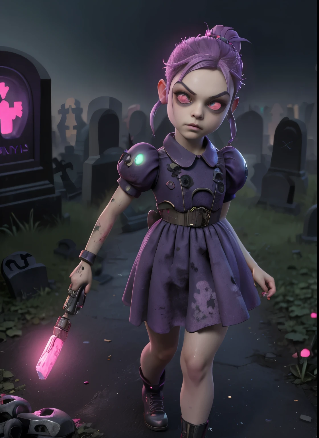 masterpiece, highres, an image of a beautiful cyberpunk  Mila Kunis fairy goth robot, pink eyes, purple hair best quality, 8k, best quality, ultra-detailed,1girl, , 6 years old, solo, 1girl, lilsis, dirty, blood, muddy dress, black hair, dress, horror \(theme\), solo, glowing eyes, creepycute, (graveyard:1.4)