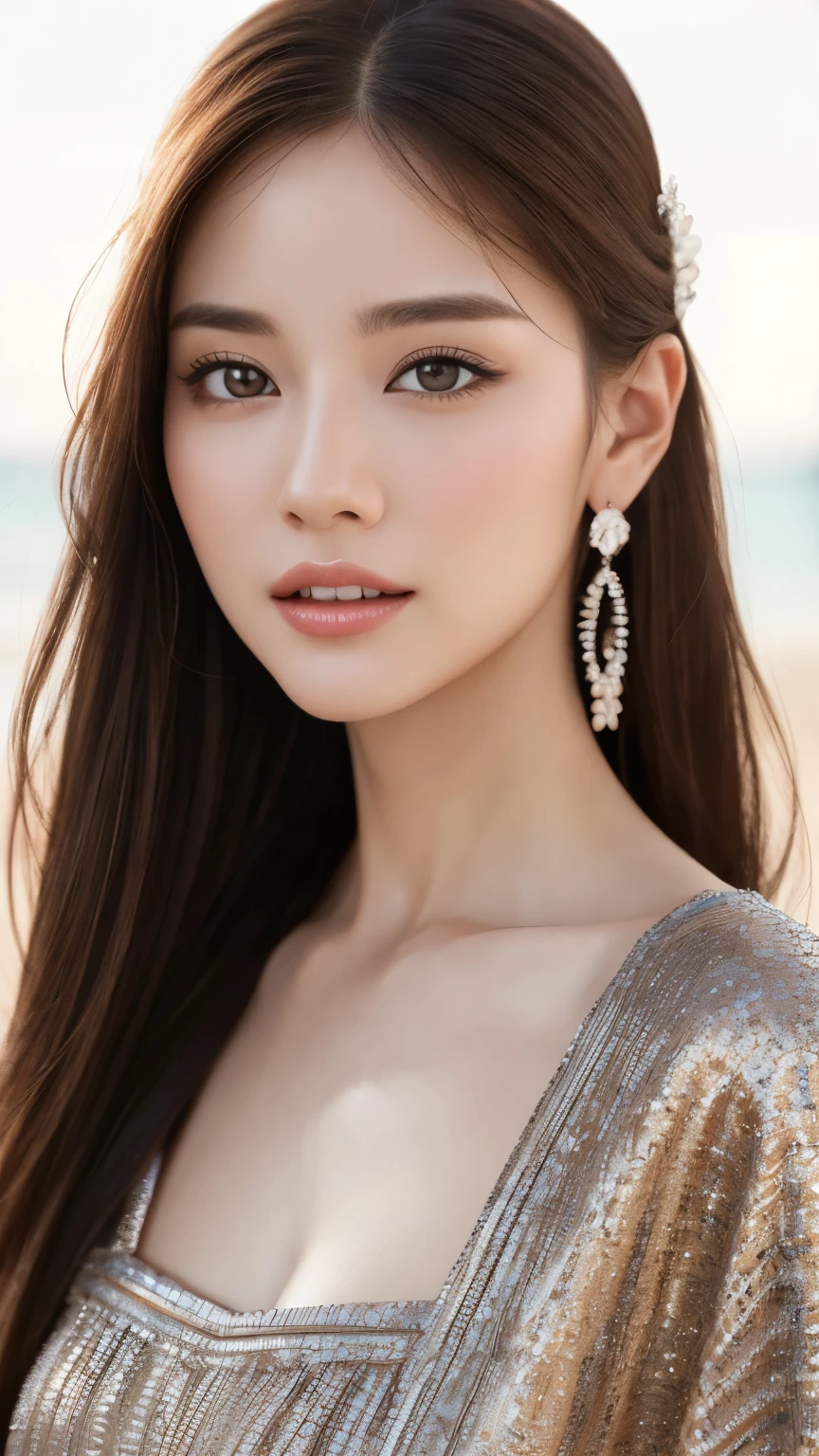 best quality、realistic、Photoreal、very detailed、very delicate and beautiful、RAW photo、professional lighting、facial light、Depth of the bounds written、focus only、Full body Esbian,1 woman (beach at night):1.4)、brown haired、brown eyes、small head、beautiful eyes、dark eyeliner、very big breasts、real face、real skin、lifelike face、real looking skin、detailed eye、detailed facial features、Detailed clothing characteristics、(fashion clothing:1.3) ), (fashion hairstyles: 1.3)、 looking at the viewer, simple background, Magnificent face and big, beautiful teeth、