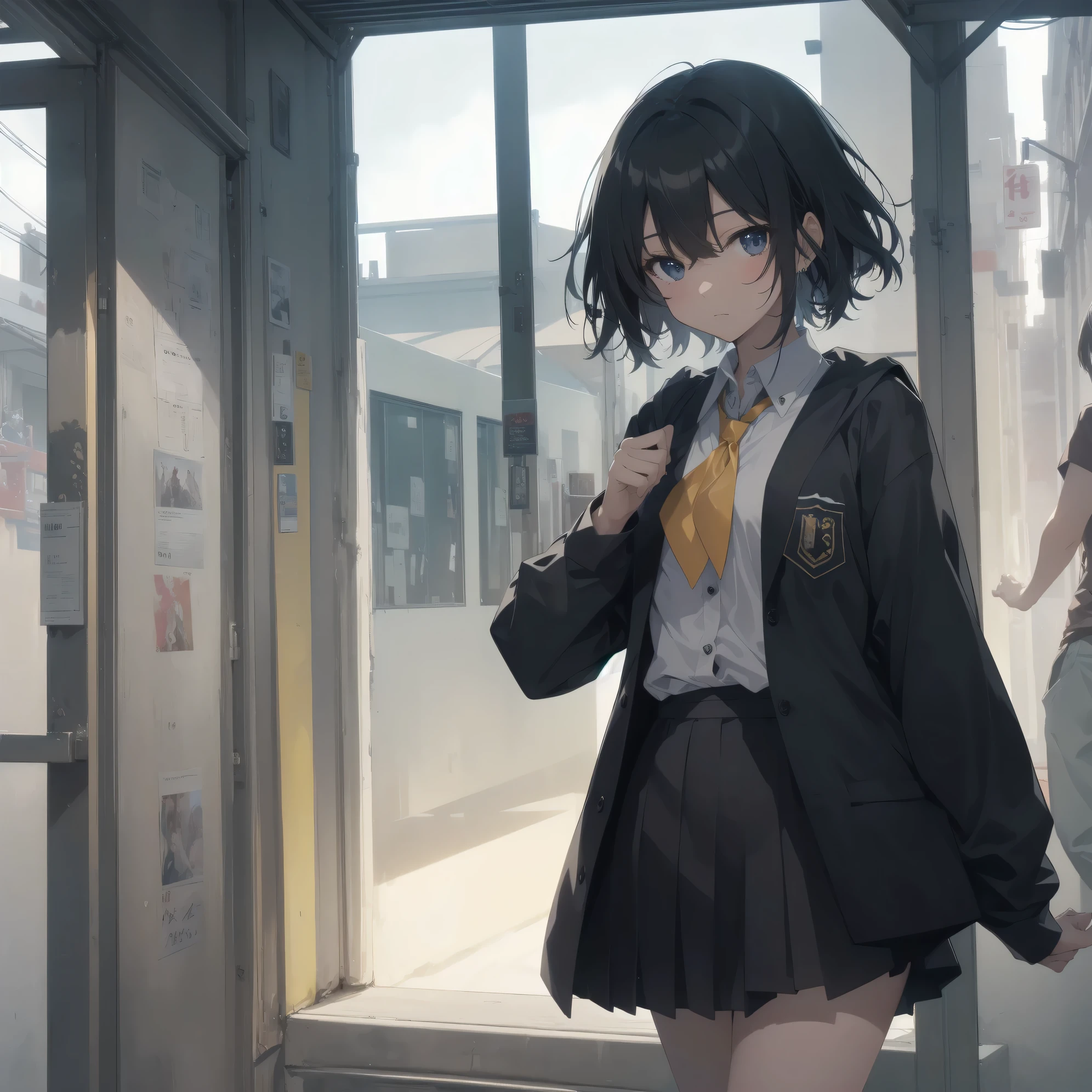 ultra-absurdres-Top quality by artist God, ultra-detailed, high resolution, anime moe artstyle, best anime 8k konachan wallpaper, pixiv contest winner, pool:2810, perfect anatomy,break, 1girl, (Please draw a girl walking sleepily to school alone. )break,(Solo,little female, -yeld:1.Full limbs, complete fingers,a junior hishort hair), short cut, flat chest, , small butt, small black eyes, beautiful detailed eyes, well-proportioned iris and pupils, expressive eyes, highres detailed hair, soft expression, school_uniform, neckerchief, collared shirt. pleated skirt,(Detailed Lighting), (Detailed background), in the School commute route. break,super detailed skin, Best cinematic lighting powered by famous artist, 8k,beauty illustration,photoshop_(medium),very aesthetic,break,((artist:sirabi )), artist:bolze ,artist:oyari ashito ,artist:kantoku ,