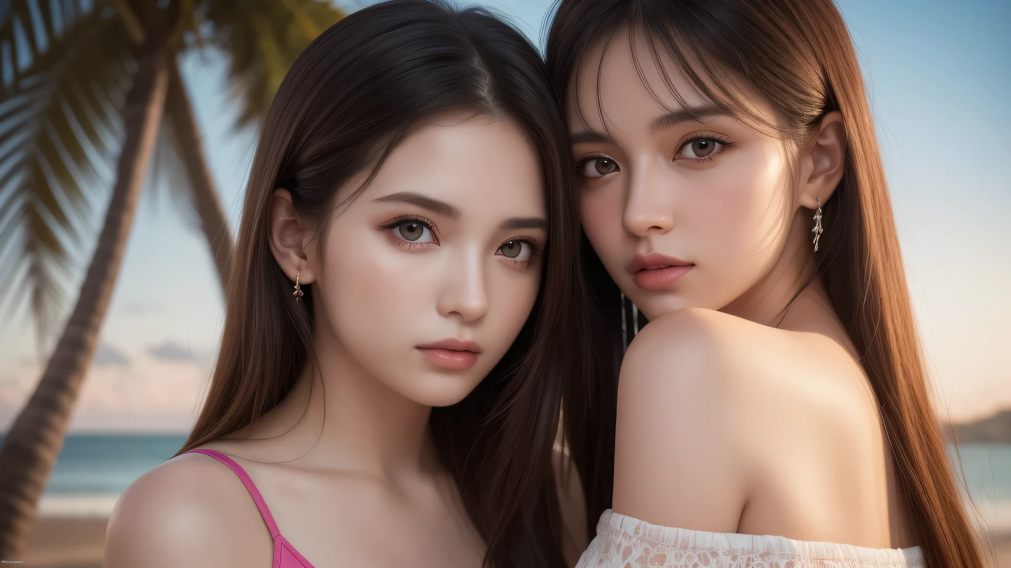 (2girl), (Ultra realistic, high res), (extremely detailed beautiful face), Amazing face and eyes, (Best Quality:1.4), (Ultra-detailed), (extremely detailed CG unified 8k wallpaper), Highly detailed, High-definition raw color photos, Professional Photography, Realistic portrait, Amazing face and eyes, Pink eyes, Brown hair, Model, off shoulder, sunset, beach, Palm tree