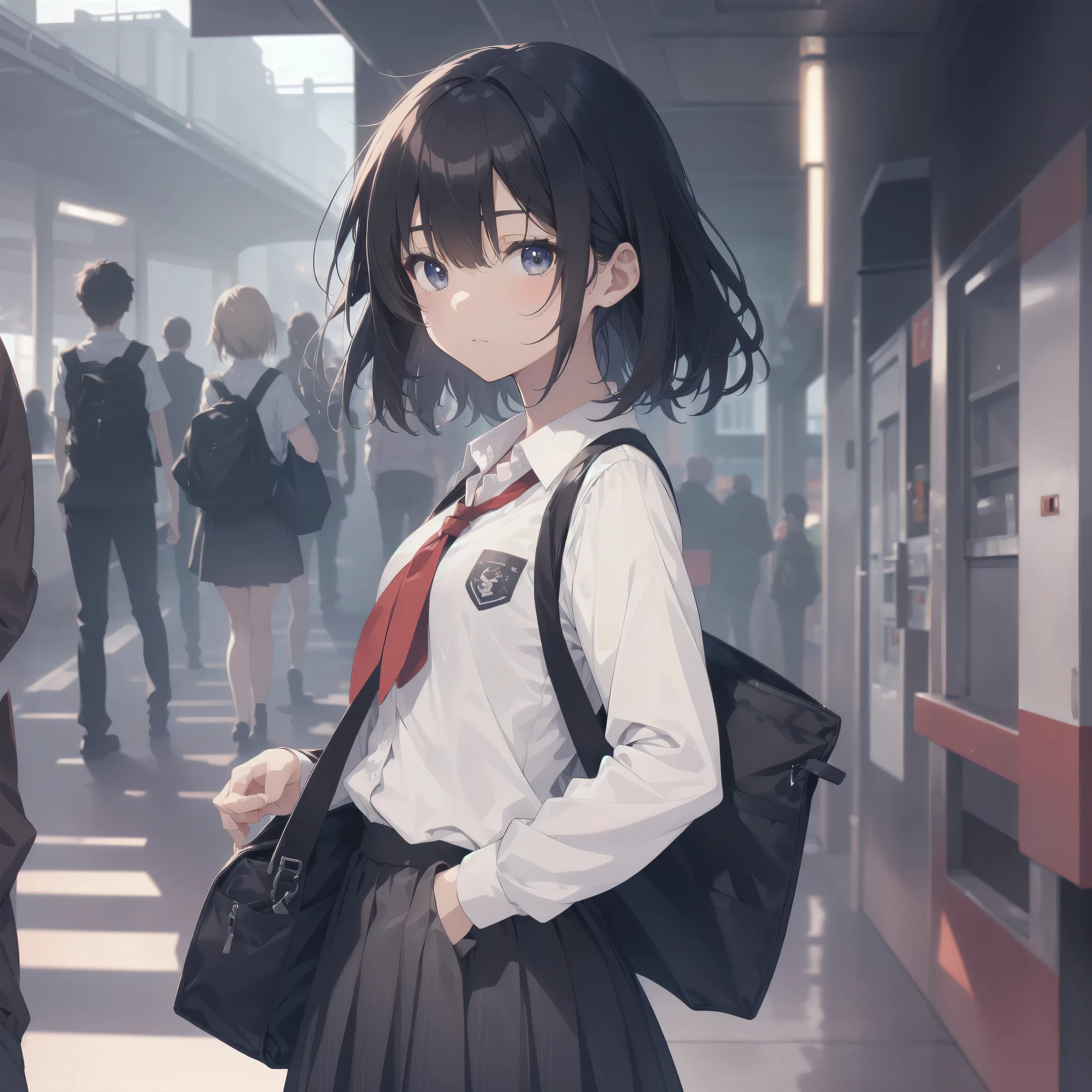 ultra-absurdres-Top quality by artist God, ultra-detailed, high resolution, anime moe artstyle, best anime 8k konachan wallpaper, pixiv contest winner, pool:2810, perfect anatomy,break, 1girl, (Please draw a girl walking sleepily to school alone. )break,(Solo,little female, 13-year-old:1.3),Full limbs, complete fingers,a junior high school student, (very short hair), short cut, flat chest, , small butt, small black eyes, beautiful detailed eyes, well-proportioned iris and pupils, expressive eyes, highres detailed hair, soft expression, school_uniform, neckerchief, collared shirt. pleated skirt,(Detailed Lighting), (Detailed background), in the School commute route. break,super detailed skin, Best cinematic lighting powered by famous artist, 8k,beauty illustration,photoshop_(medium),very aesthetic,break,((artist:sirabi )), artist:bolze ,artist:oyari ashito ,artist:kantoku ,