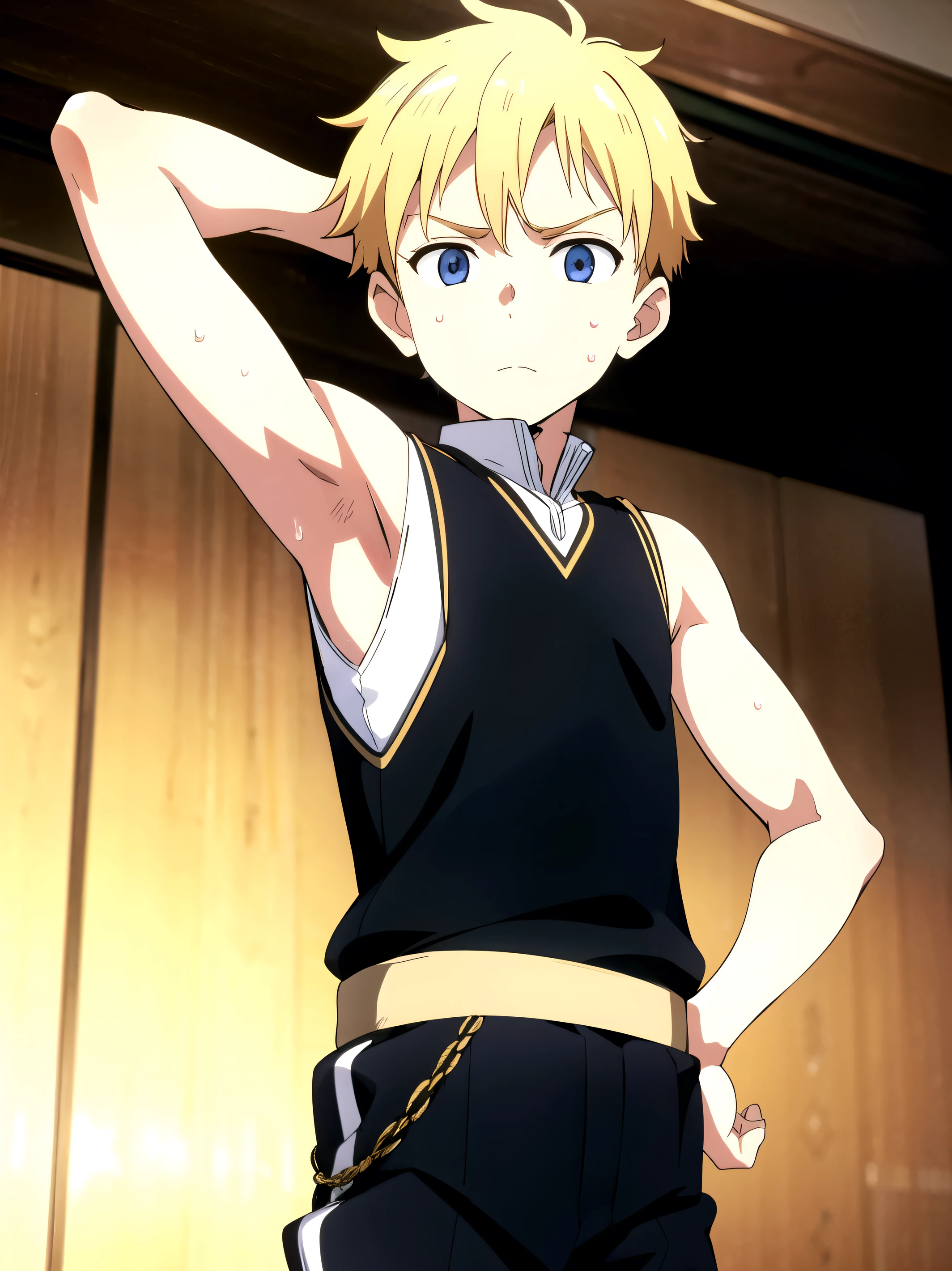 Highres, Masterpiece, Best quality at best,Best Quality,hight quality, hight detailed, 1boy, Boy,Blonde, Side bangs, Shota, Sweat, Strapless dress, Choker, Glove, ribbon, Collarbone, Half body image, Depth of field, Anime screencap style, thin line, Seen from the front, blush,  boy, (Showing armpit:1.3), (very small and short stature), (veryng boy), 12-year-d b Blurand simple beckground