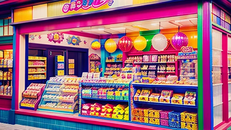 Showa candy shop、Japan candy shop、Sweets and snacks in the store、There are lots of things to play with and play equipment、kite、top、Menco、Marble。Playing、Surprise Ball、pistol、firework、balloon、Beigoma、Model、ミニカなどが並んでいるShowa candy shop、